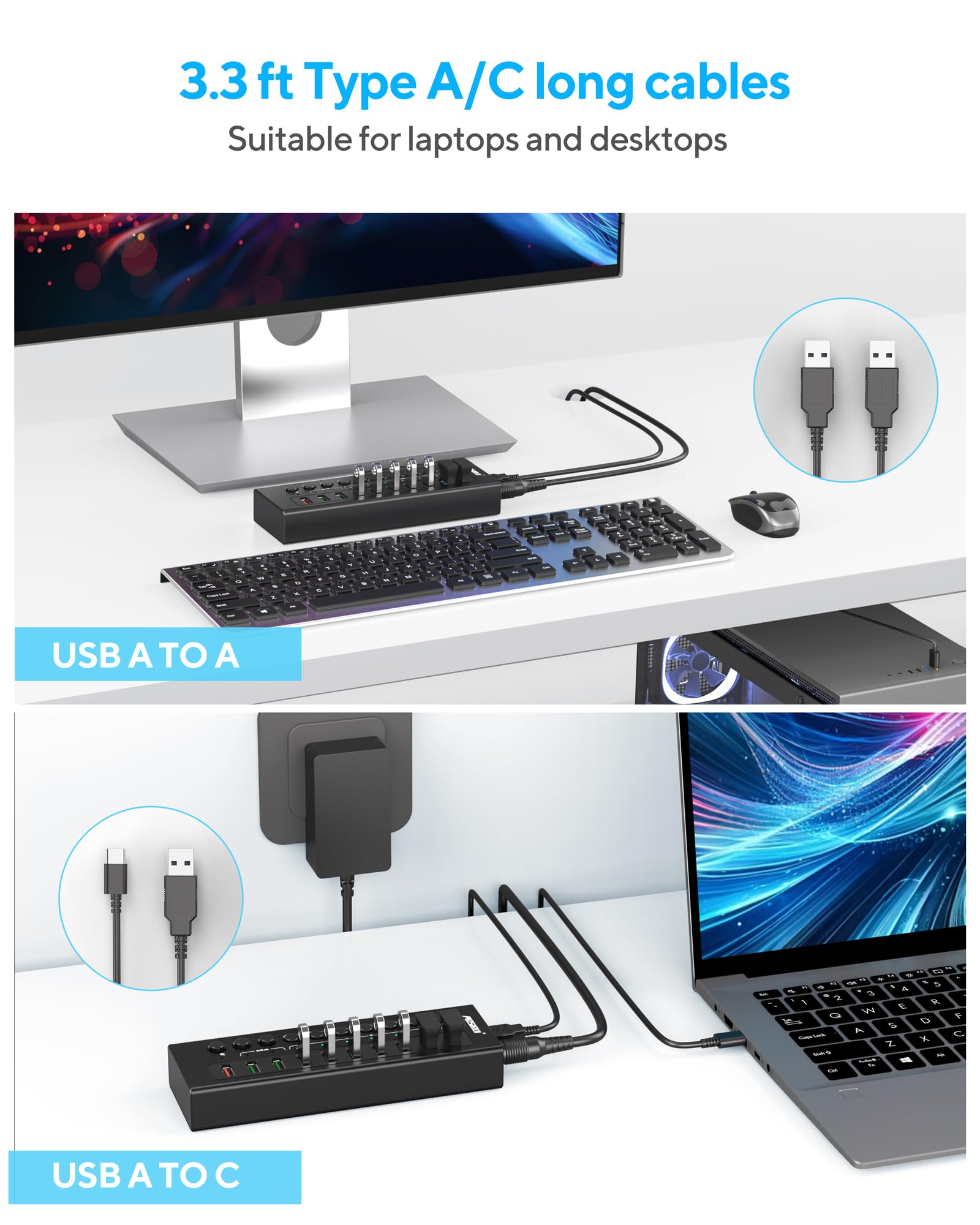 10-Port USB 3.2 Hub with Fast Charging - 10Gbps Data Transfer for PC & Laptop - Home & Office Use