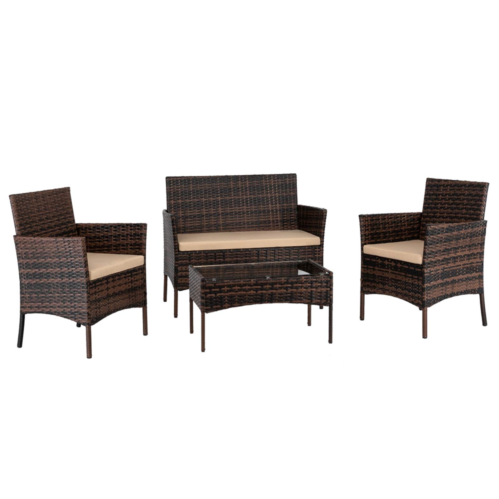 4-Piece Rattan Patio Furniture Set - Wicker Outdoor Conversation Sofa with 1 Loveseat, 2 Armchairs & Tempered Glass Coffee Table - Brown Gradient - Perfect for Garden, Backyard, Poolside & Patio Relaxation