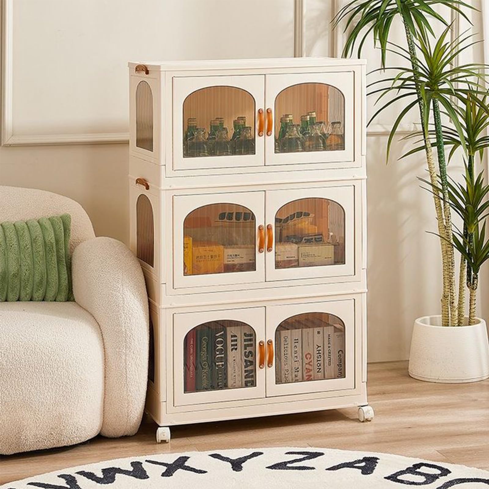 75 Gallon Stackable Storage Bins with Lids, Wheels & Magnetic Doors - Foldable Open Front Cabinet Organizer for Home, Pantry, Garage & Office (Beige, 111x40.5x63.5cm) - Perfect for Closet Organization, Toy Storage & Seasonal Decor
