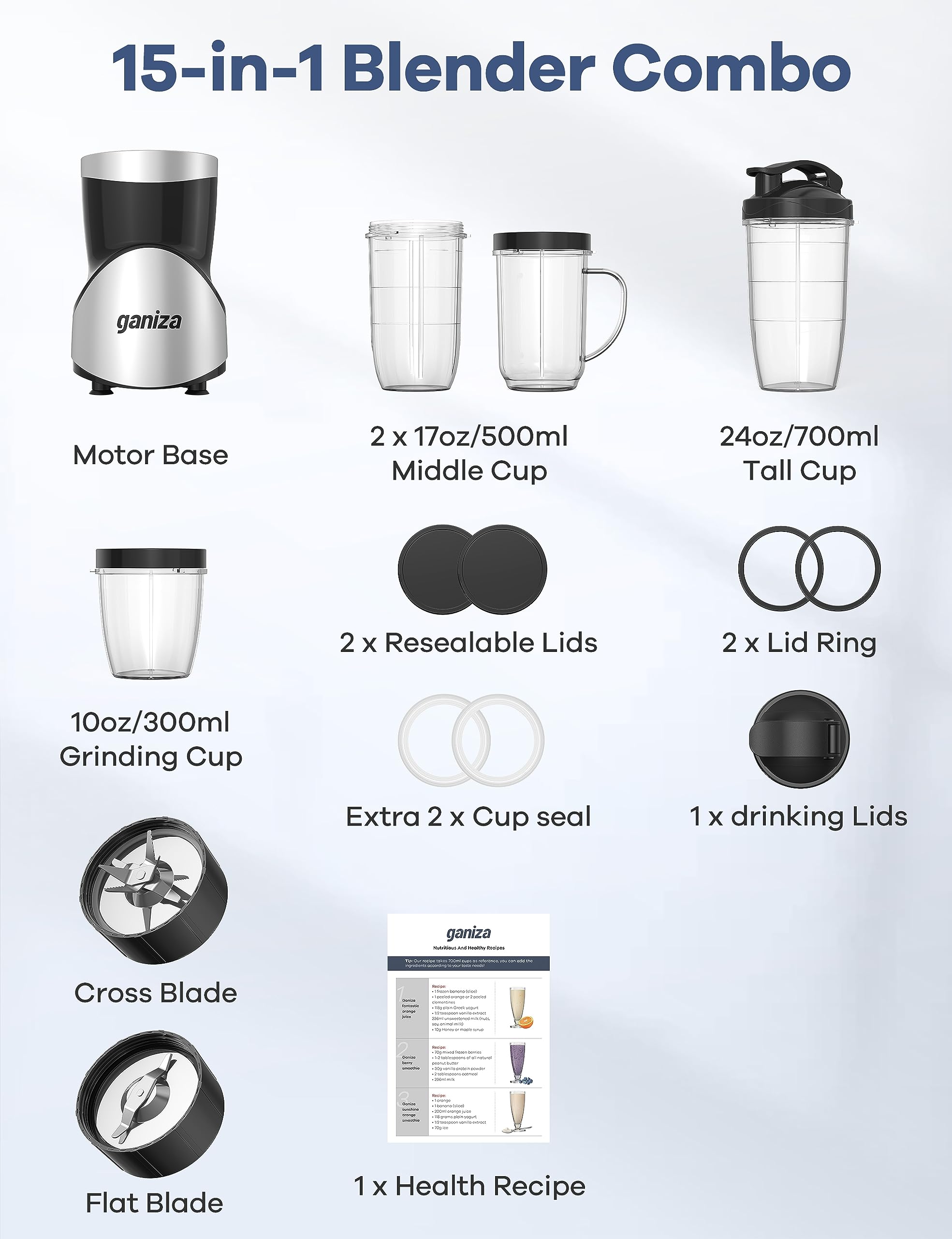 Ganiza 1500W High-Speed Smoothie Blender with 15-Piece Combo - Professional Blender & Grinder for Protein Shakes, Juices, Nut Butters & Coffee - Includes 4 BPA-Free Travel Cups - Perfect for Kitchen, Gym & Healthy Lifestyle