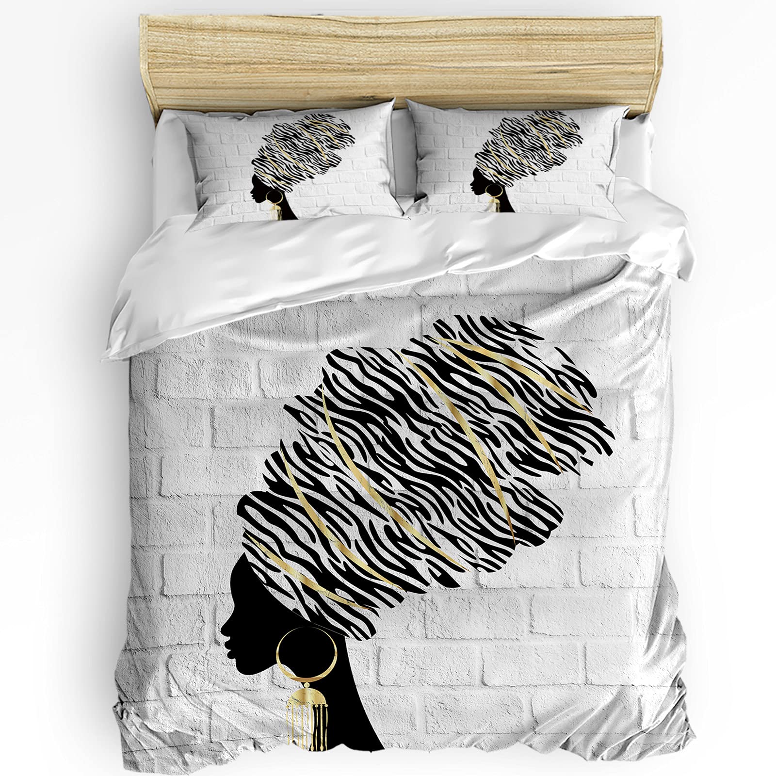 Black Women Washed Microfiber Duvet Cover Set - 3 Piece Ultra Soft Bedding Set with Zipper Closure, Twin Size Quilt Cover (No Comforter) - African Inspired Golden Black Hairstyle Design on White Brick Wall - Perfect for Modern Bedroom, Guest Room, and Dorm Decor