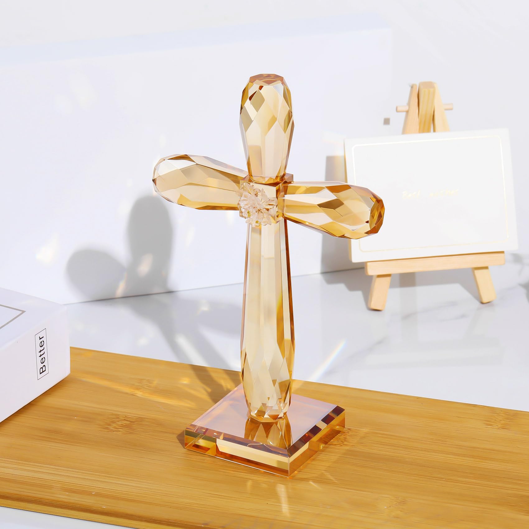 YWHL Handmade Champagne Crystal Standing Cross Figurine - Religious Gift for Women & Men, Christian Home & Office Decor, Easter Cross Collectible - Perfect for Prayer Spaces, Wedding Favors & Spiritual Gifts