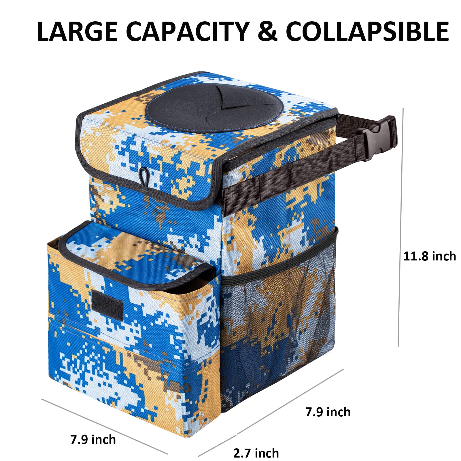 AUTODECO Waterproof Car Trash Can with Lid - 3 Gallon Vehicle Garbage Bin, Camouflage Blue - Perfect for Road Trips, Camping & Daily Commute