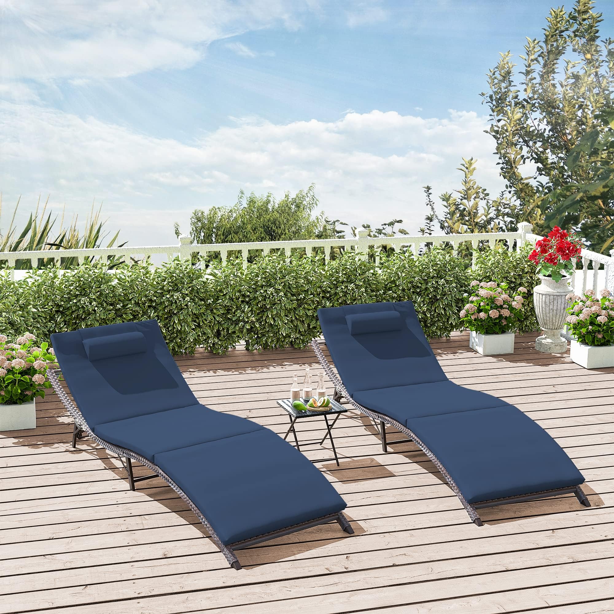 3-Piece Patio Chaise Lounge Set with Adjustable Rattan Backrest & Folding Table - Outdoor Furniture for Poolside, Beach, Backyard, Porch | Perfect for Sunbathing, Relaxing & Entertaining Guests