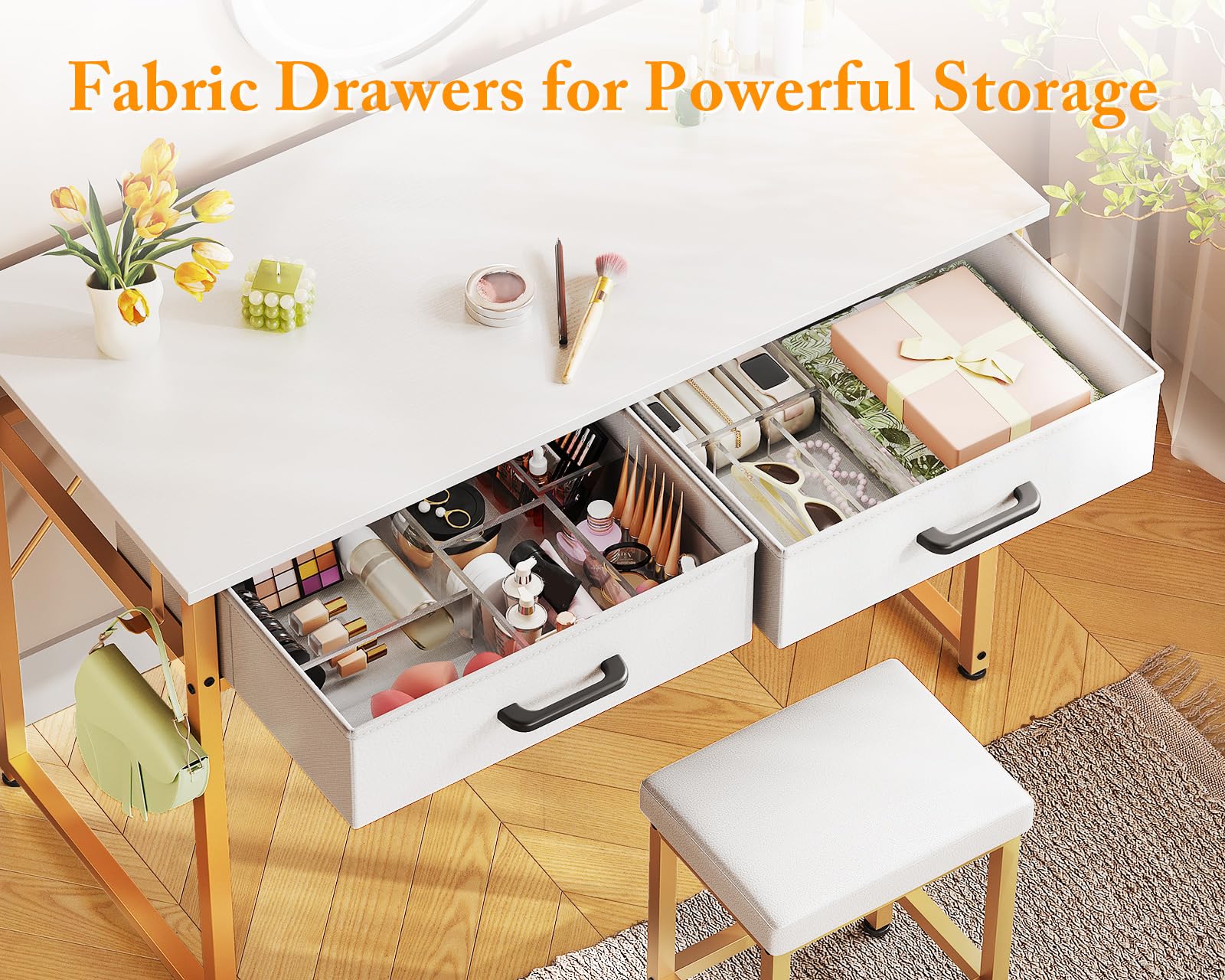AODK 40 Inch Small Vanity Desk with Stool - No Mirror Makeup Table with 2 Fabric Drawers & Steel Hook - Elegant White and Gold Vanity Table for Girls Bedroom | Perfect for Makeup Organization, Dressing Area & Small Space Decor