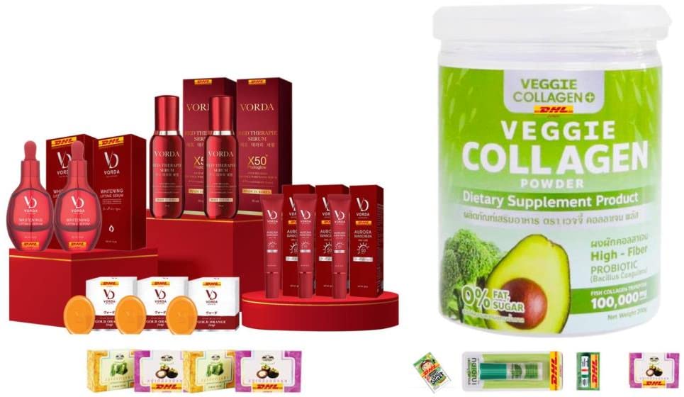 Vorda Premium Cream 11-Piece Set - Lifting Vegetable Collagen with Dipeptide & Tripeptide Complex | Anti-Aging Face Treatment | DHL Express Shipping by Thaigiftshop [Free Tomato Facial Mask] | Perfect for Daily Skincare Routine & Nighttime Rejuvenation