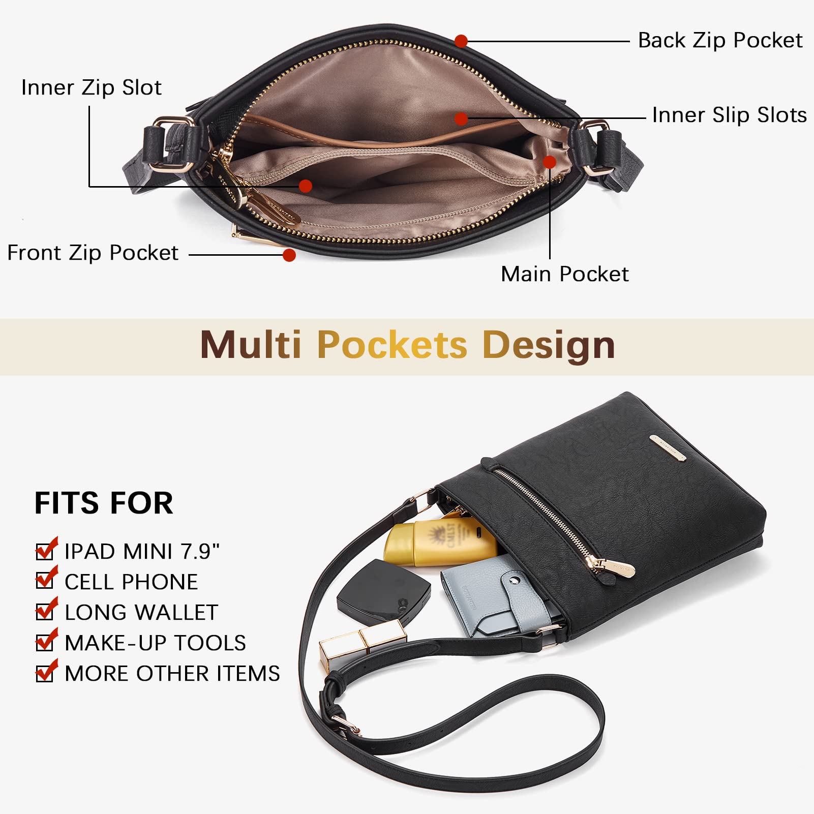 BOSTANTEN Women's Crossbody Bag - Soft Leather Adjustable Shoulder Purse with Zipper Pocket | Stylish Handbag for Work, Travel & Everyday Use