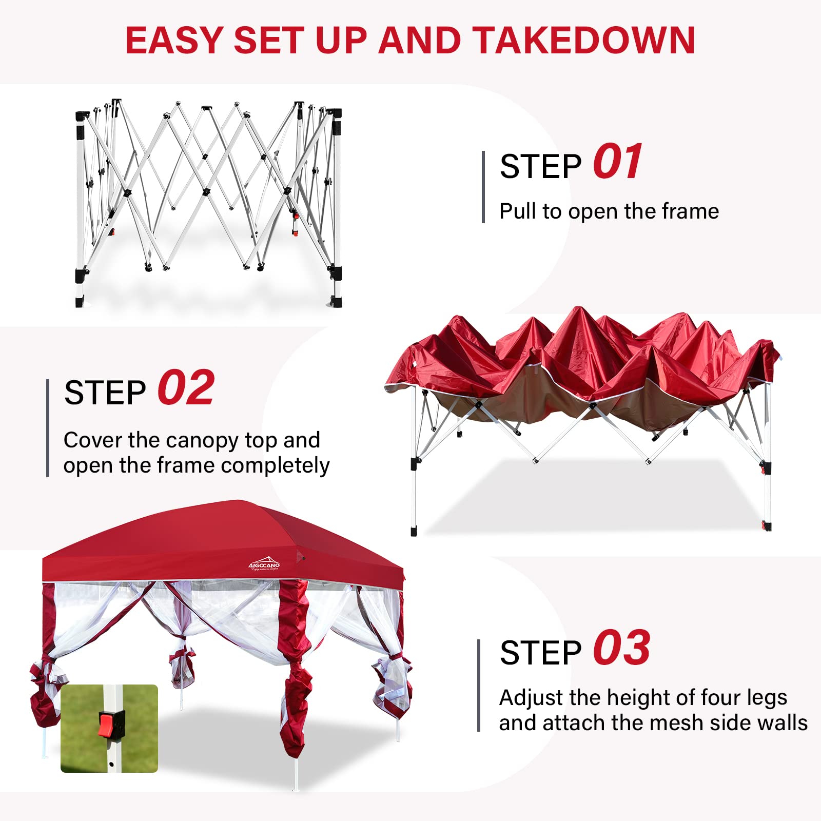 10x10 Pop Up Canopy Tent with Netting Screen - Easy Setup Outdoor Gazebo for Camping, Backyard Parties & Patio - Includes Foldable Design, Roller Bag & 4 Sandbags (Red) - Perfect for Beach Picnics, BBQ Gatherings & Tailgating Events