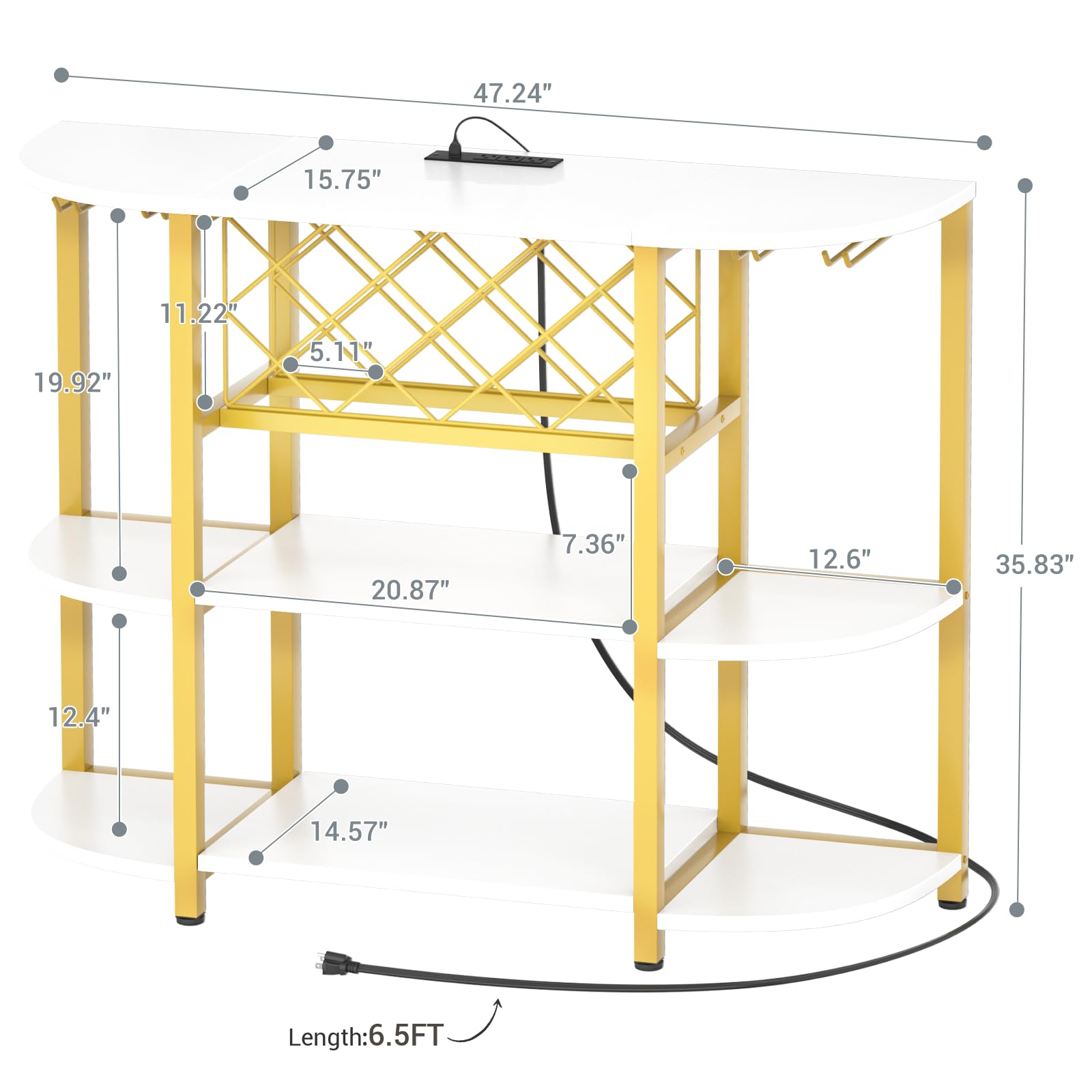 Premium 4-Tier Metal Coffee Bar Cabinet with Power Outlet & LED Lights - Freestanding Kitchen Bar Table with Glass Holder & Wine Storage - Elegant White & Gold Baker's Rack for Dining Room, Living Room & Home Bar Decor
