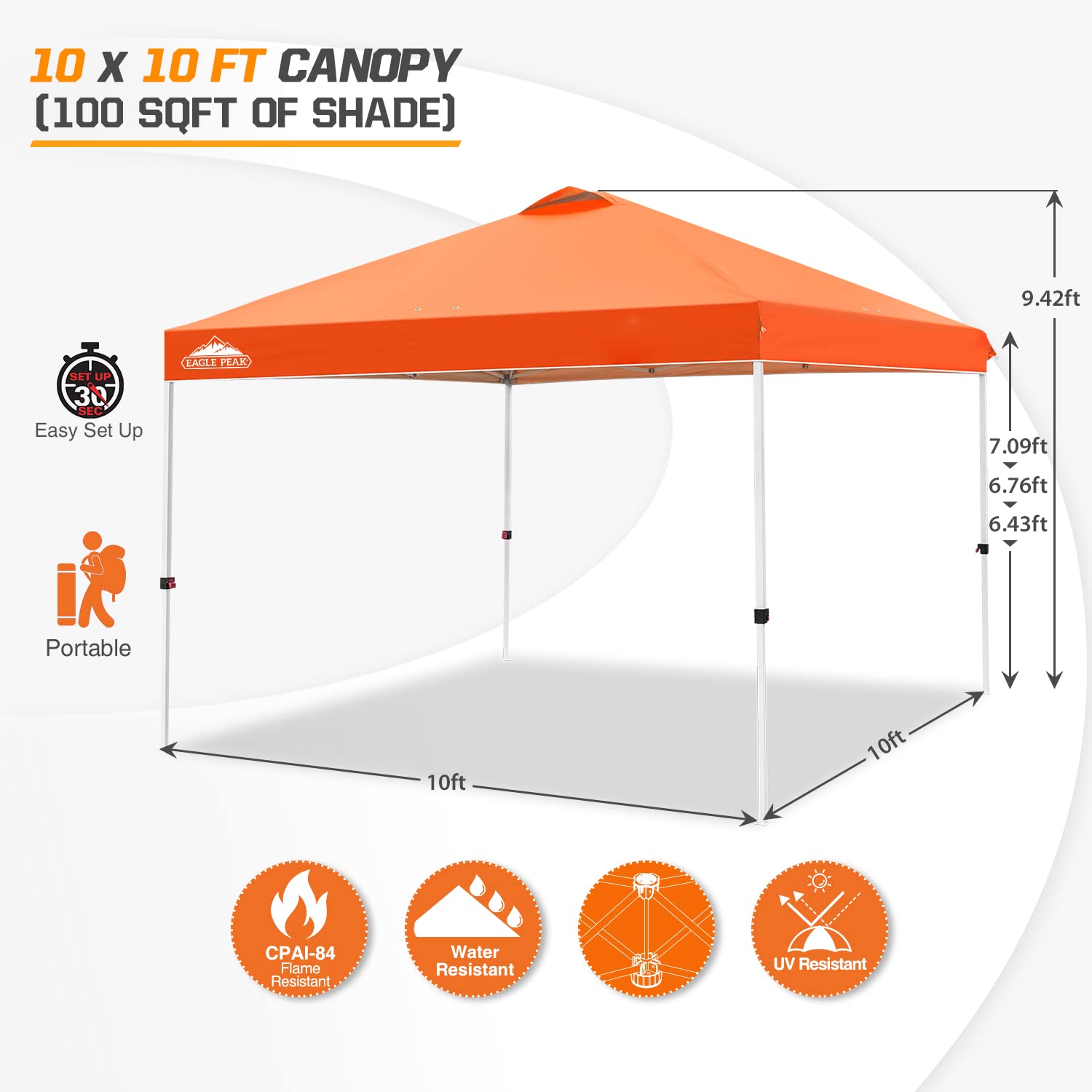 EAGLE PEAK 10x10 ft Pop Up Canopy Tent with Wheeled Carry Bag - Includes 8 Stakes, 4 Ropes & 4 Weight Bags - Easy Setup Instant Shelter for Outdoor Events, Beach, Camping & Backyard Parties - 100 sq ft Shade Coverage in Orange