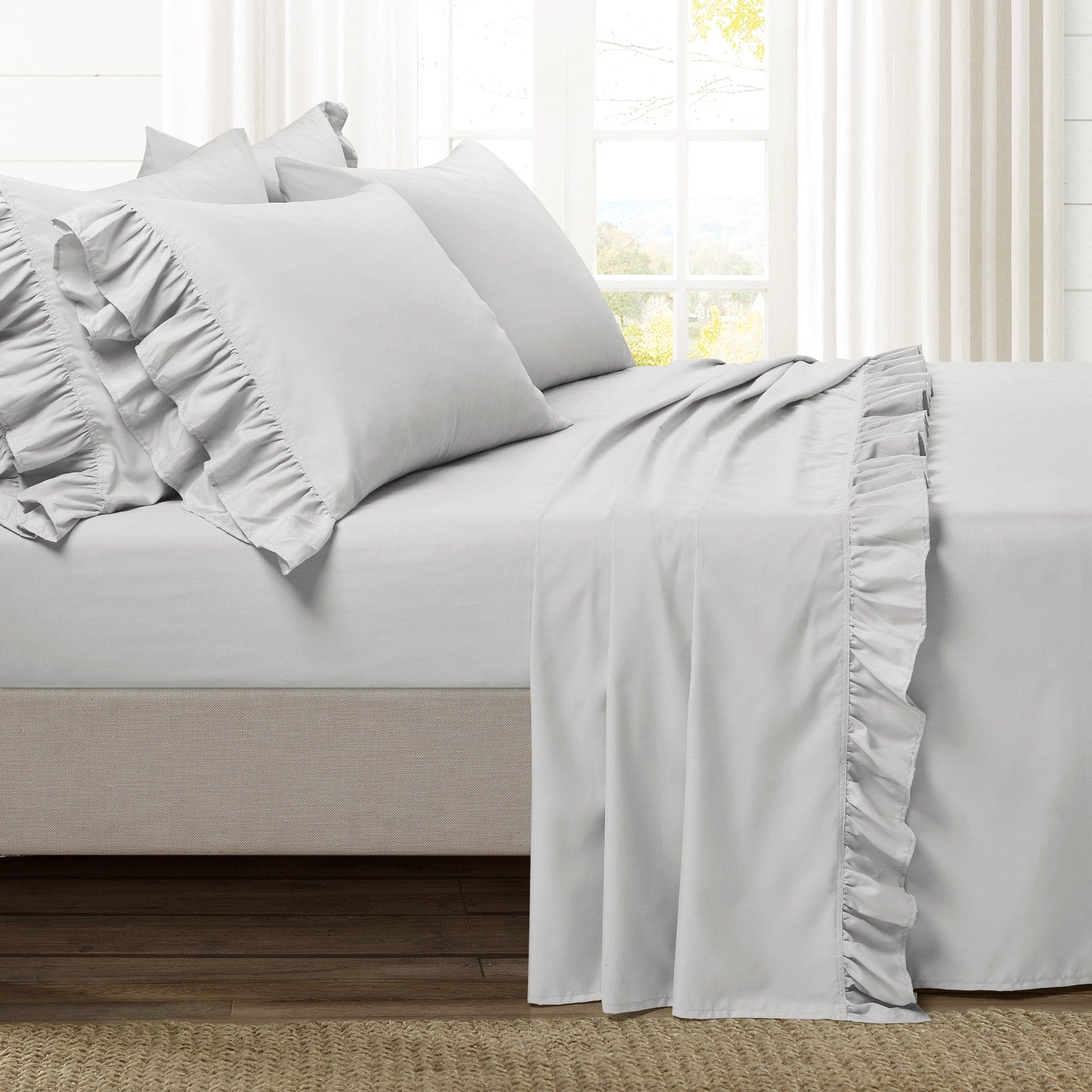 Reyna Ruffle Sheet Set - Queen Size 4-Piece Bedding Set with Floral Lace Trim, Soft Breathable Cotton for Girls & Women - Perfect for Bedroom Decor, Guest Room, and Luxury Hotel Style