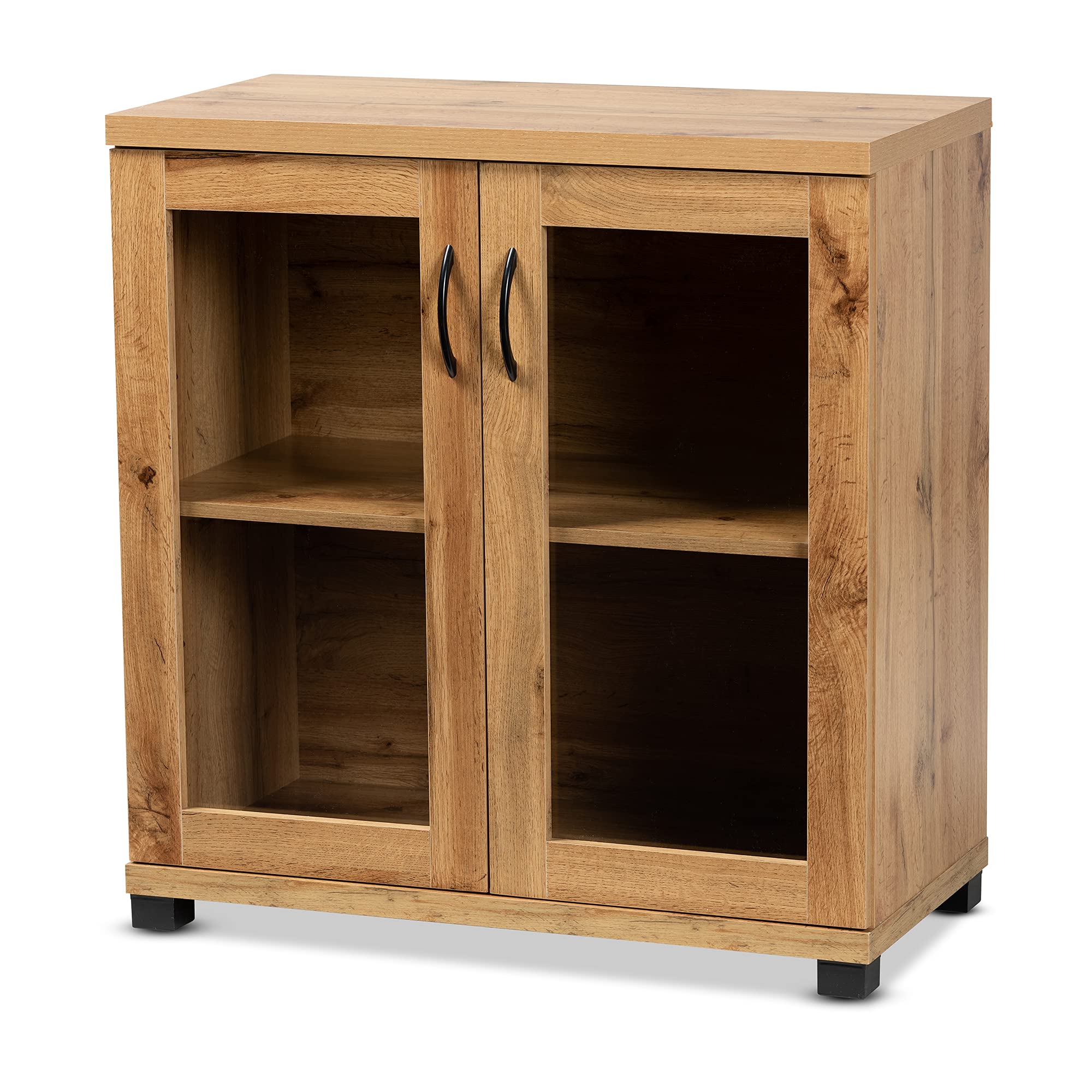 Baxton Studio Zentra Modern Oak Brown Wood 2-Door Storage Cabinet with Glass Doors - Contemporary Home Office Furniture for Living Room, Bedroom & Entryway Storage