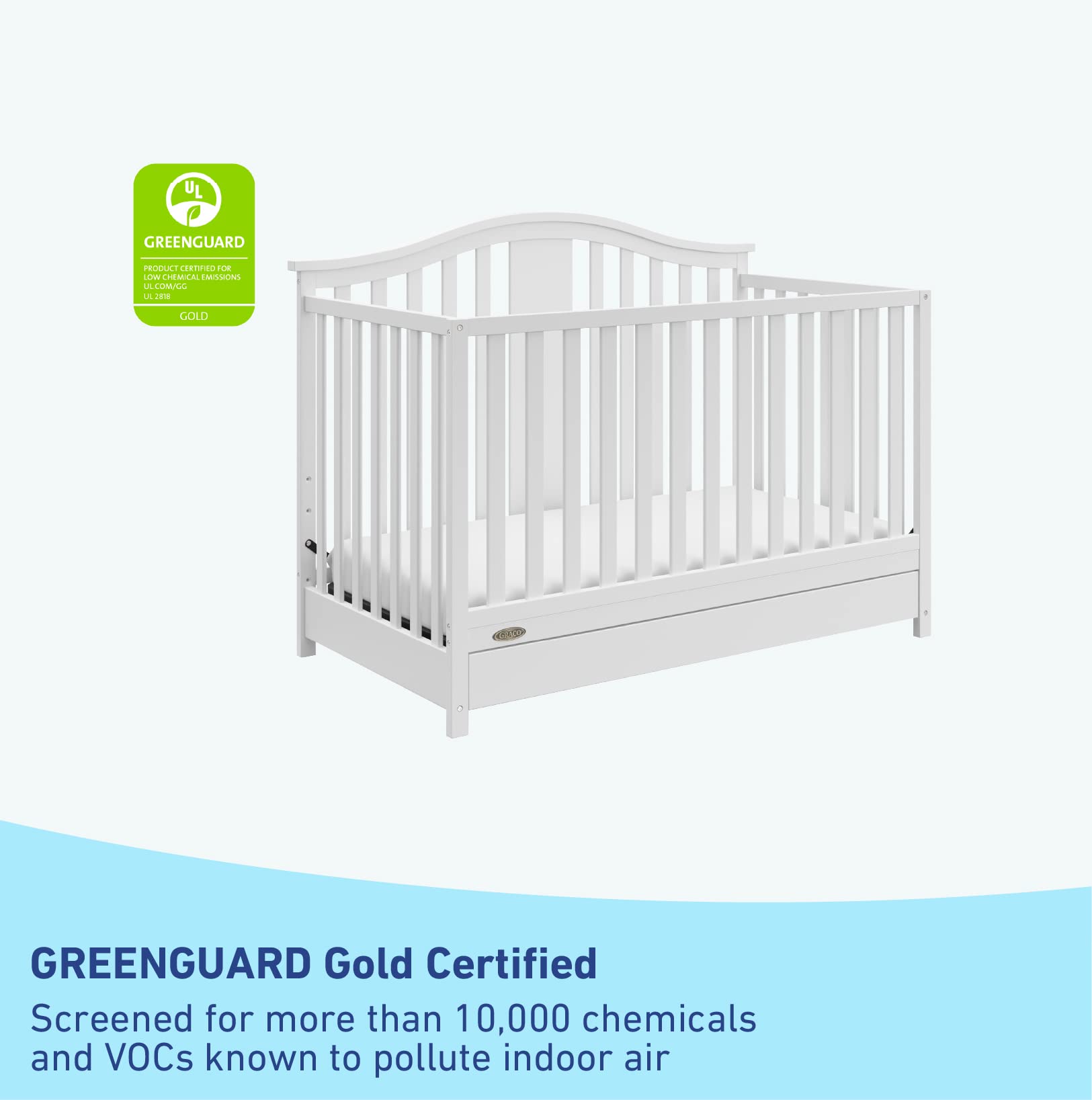 Graco Solano 4-in-1 Convertible Crib with Storage Drawer - GREENGUARD Gold Certified, White Nursery Furniture Converts to Toddler & Full-Size Bed | Safe Baby Crib for Nursery, Bedroom & Daycare Use