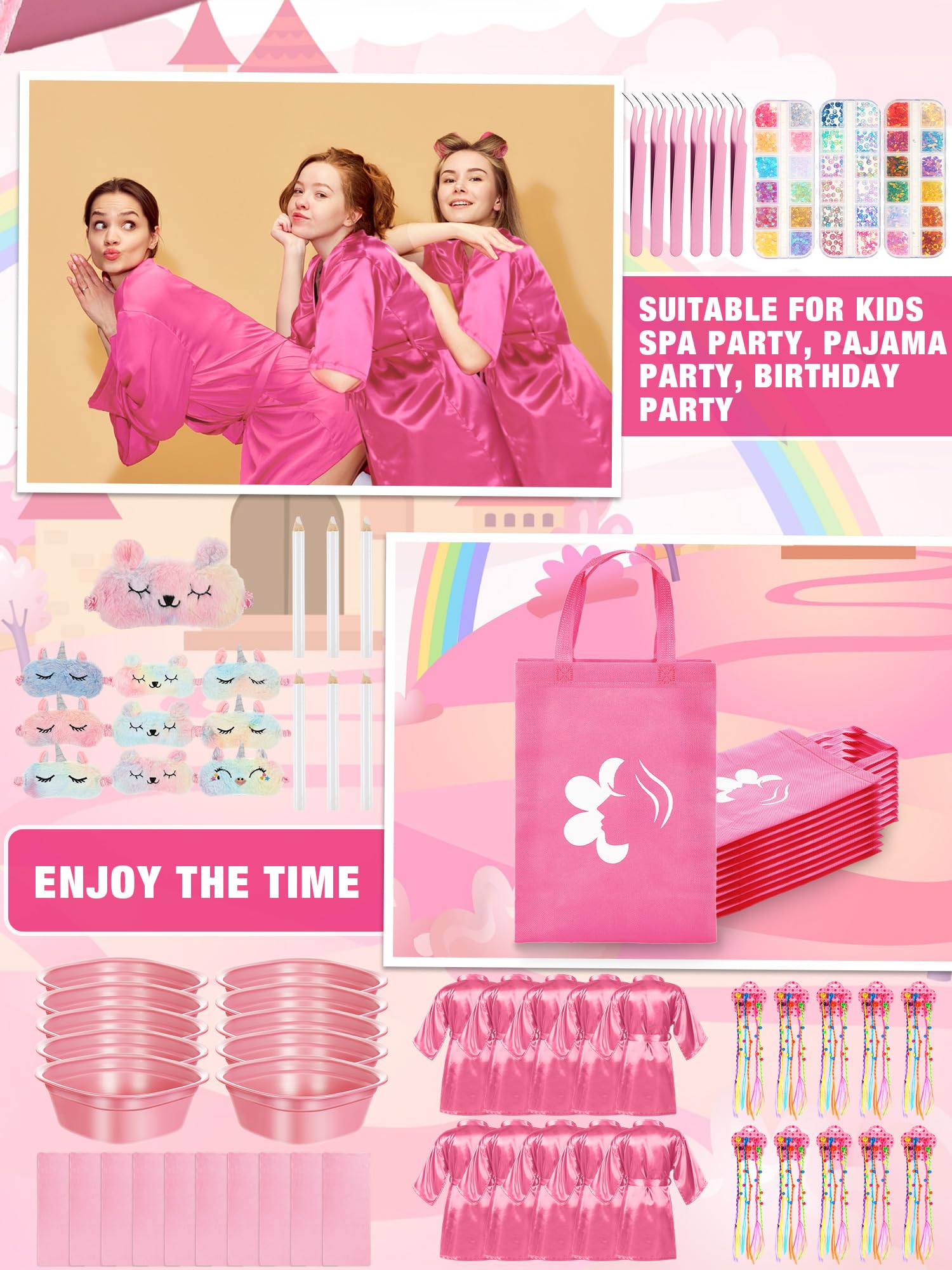 Suhine 10-Piece Girls Spa Party Kit - Kids Satin Robes & Nail Salon Accessories Set - Perfect for Birthday Party Favors, Sleepovers & DIY Spa Nights at Home