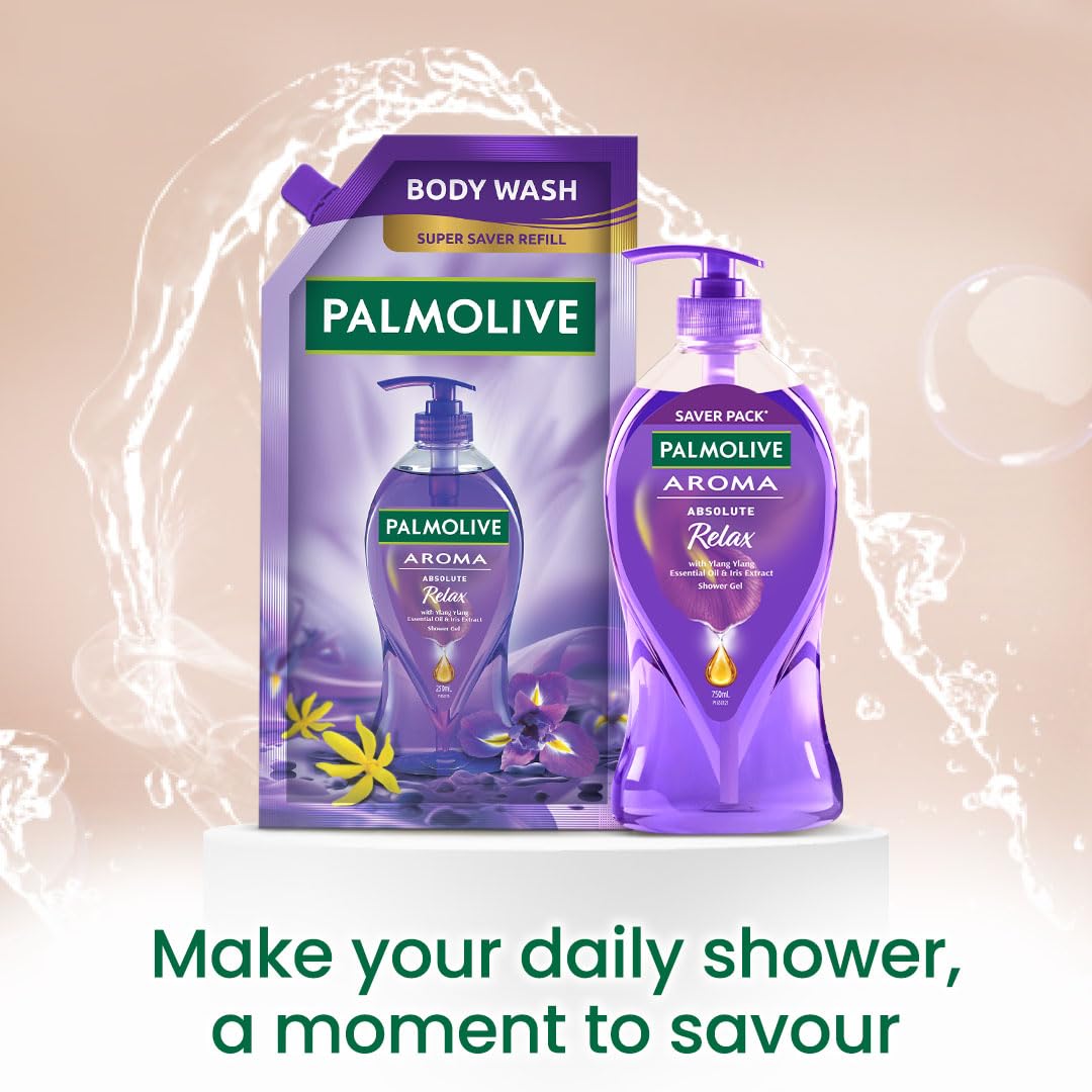 Palmolive Aroma Absolute Relax Body Wash for Women & Men - 750ml Refill Pack with 100% Natural Ylang Ylang Essential Oil & Iris Extracts | pH Balanced, Skin-Softening Shower Gel for Stress Relief & Daily Relaxation | Perfect for Spa Nights & Self-Care Routines