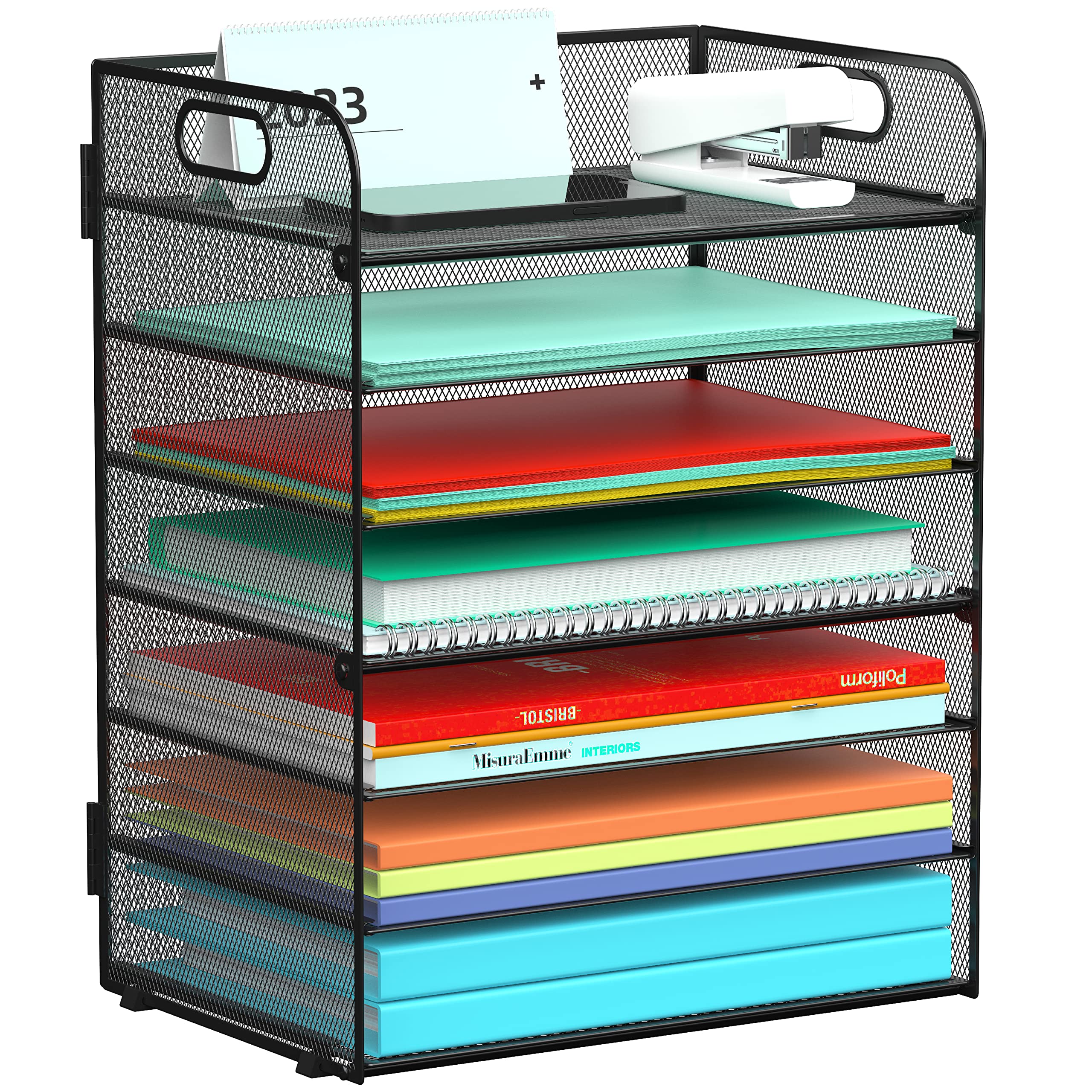 7-Tier Metal Mesh Letter Tray Paper Organizer with Handle - Black | Desktop File Sorter for Office, Classroom & Home | A4 & Letter Size Document Holder for Efficient Workspace Organization