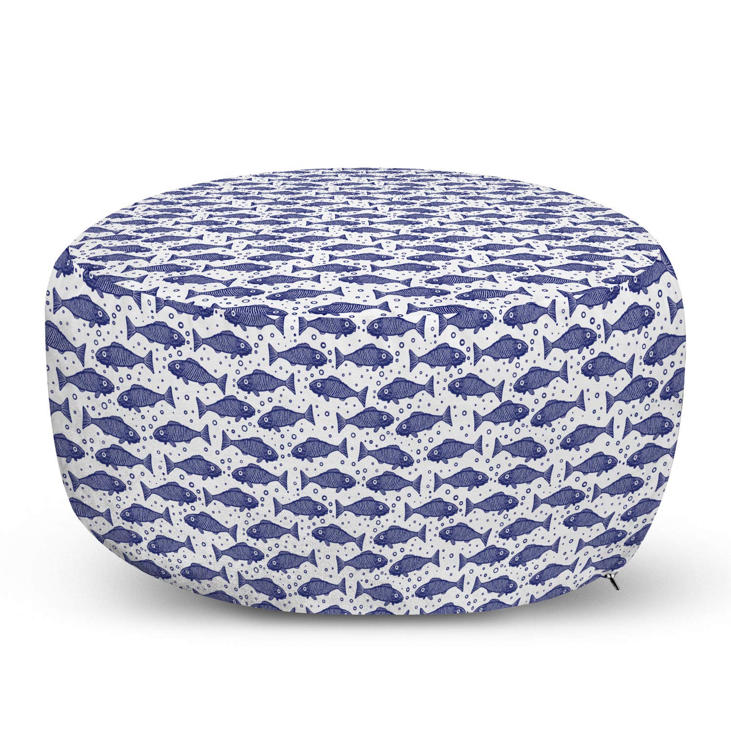 Ambesonne Nautical Pouf Cover with Zipper - Monochrome Hand-Drawn Hatched Fish Pattern, Minimal Bubbles, Soft Decorative Fabric Unstuffed Case (30