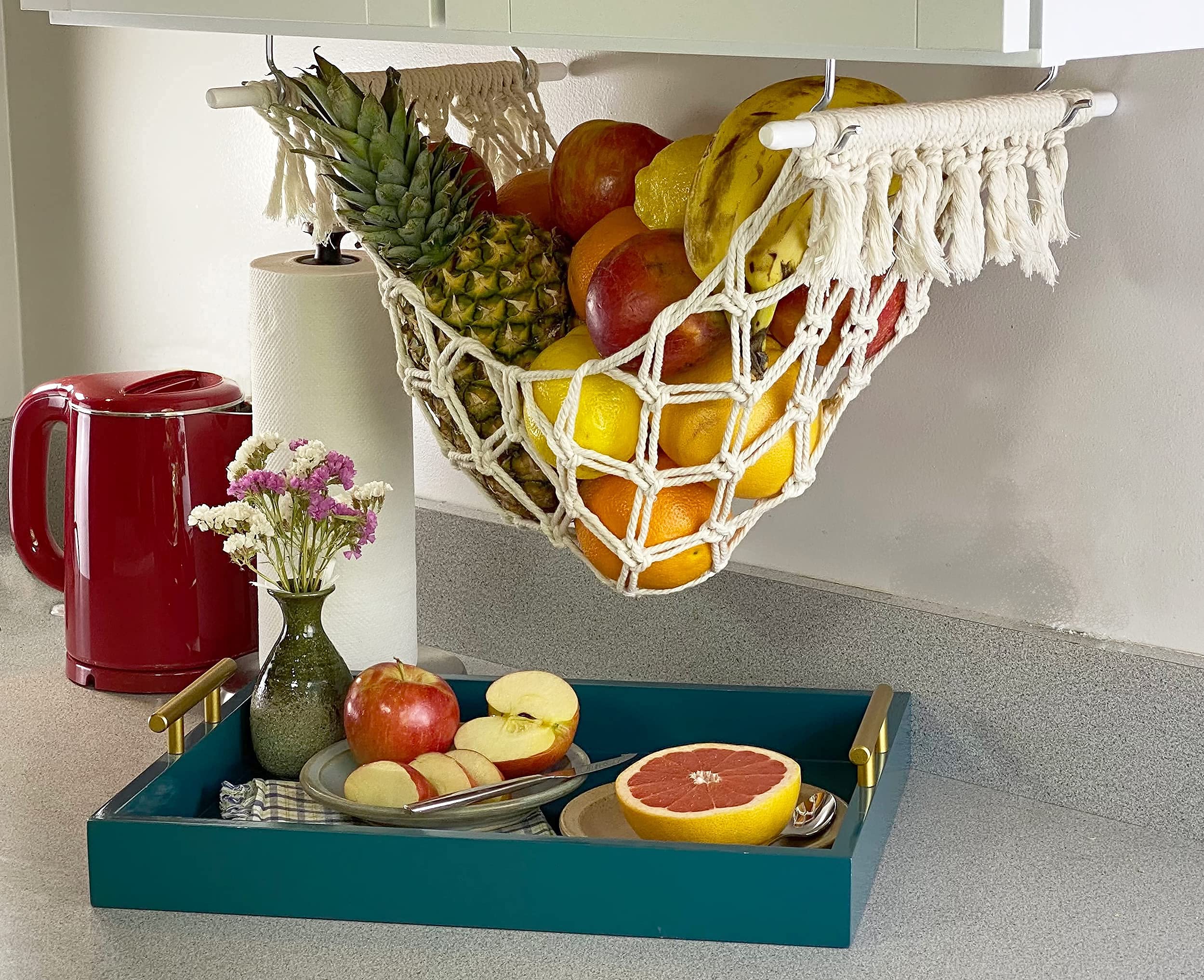 Eco-Friendly White Cotton Under Cabinet Macrame Fruit & Vegetable Hammock - Handmade Boho Design with Fringe - Deep Pocket Hanging Storage Organizer - Perfect for Kitchen, RV, Camper, Boat & Small Space Organization