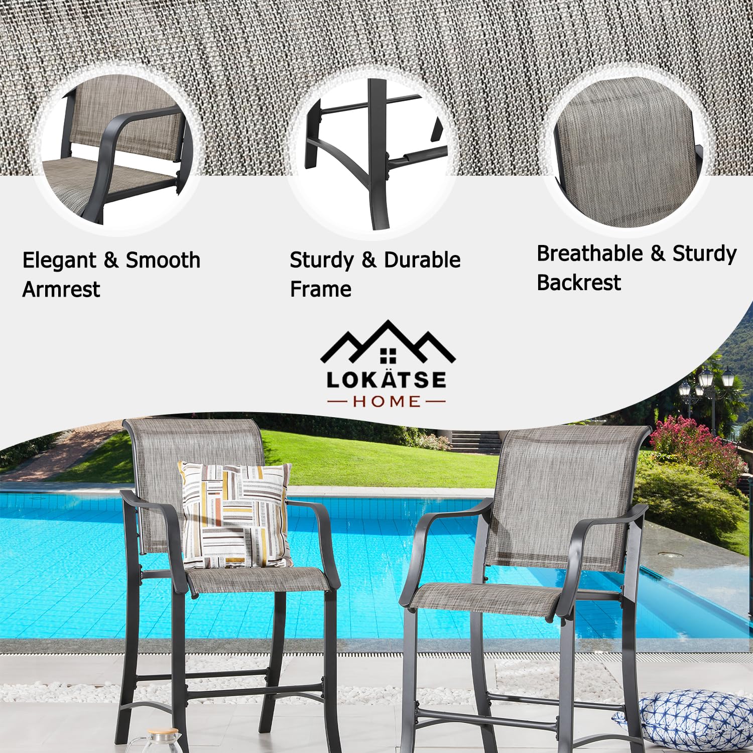 LOKATSE HOME 2-Piece Outdoor Counter Height Bar Stools Set - Metal Patio Armchairs with Backrest, Grey - Perfect for Backyard, Deck, Garden & Poolside Dining
