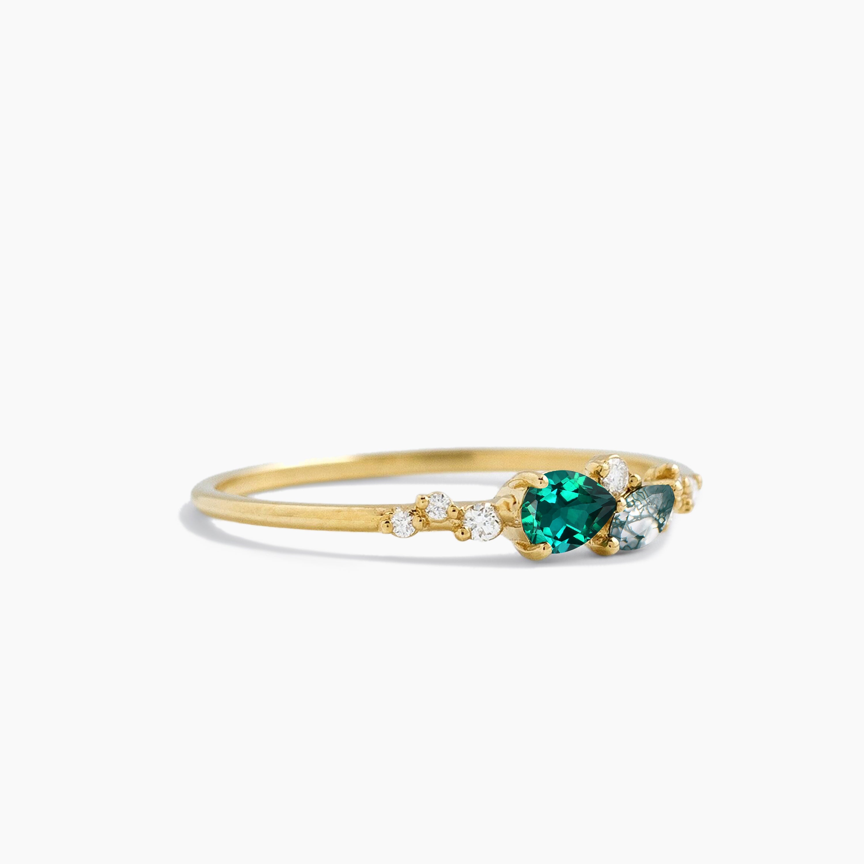 Pear Cut Emerald Marquise Moss Agate Diamond Cluster Engagement Ring for Women - Elegant Wedding, Proposal & Anniversary Jewelry Gift
