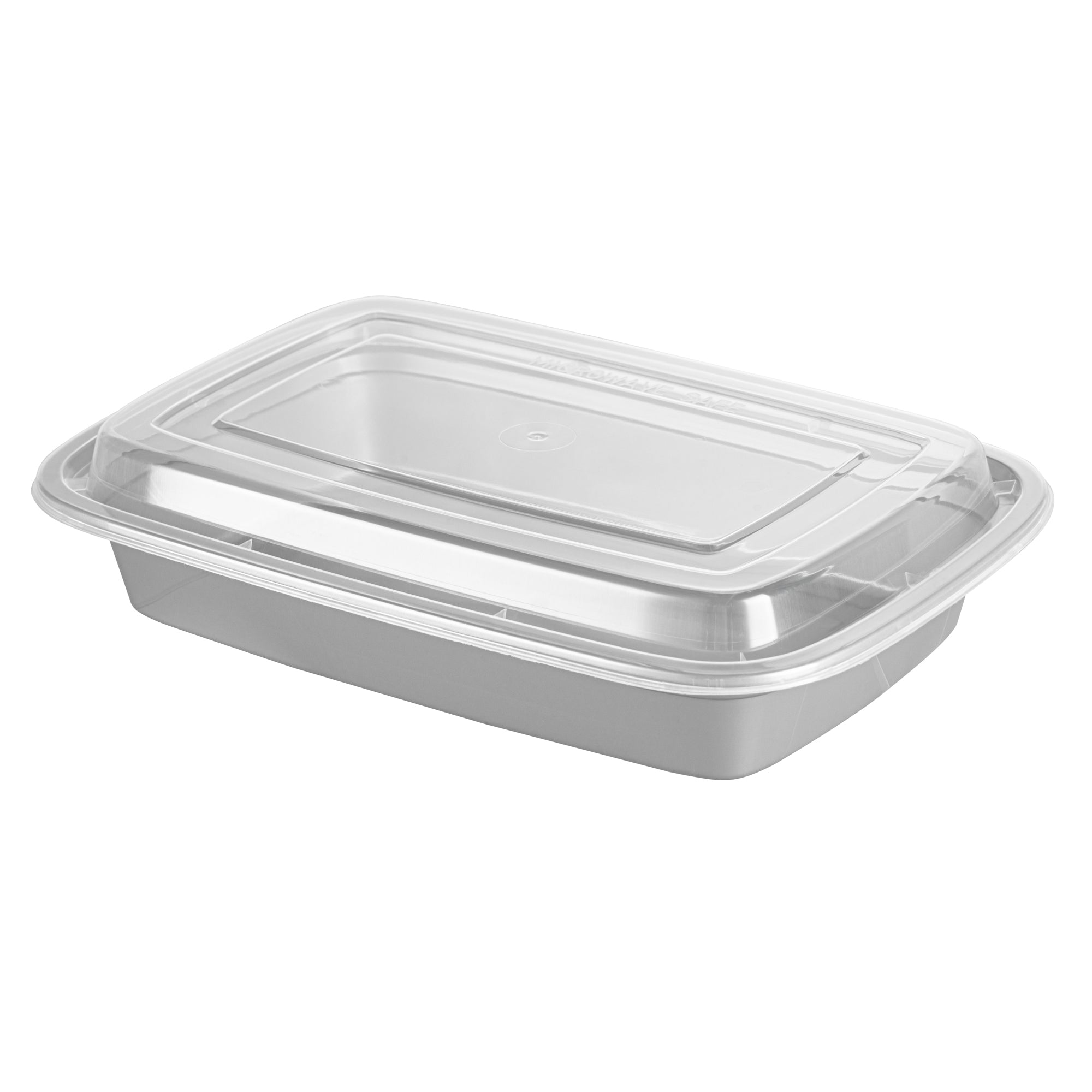 28 oz Rectangle Silver Plastic To-Go Food Containers with Clear Lids - Microwave Safe, 8.75