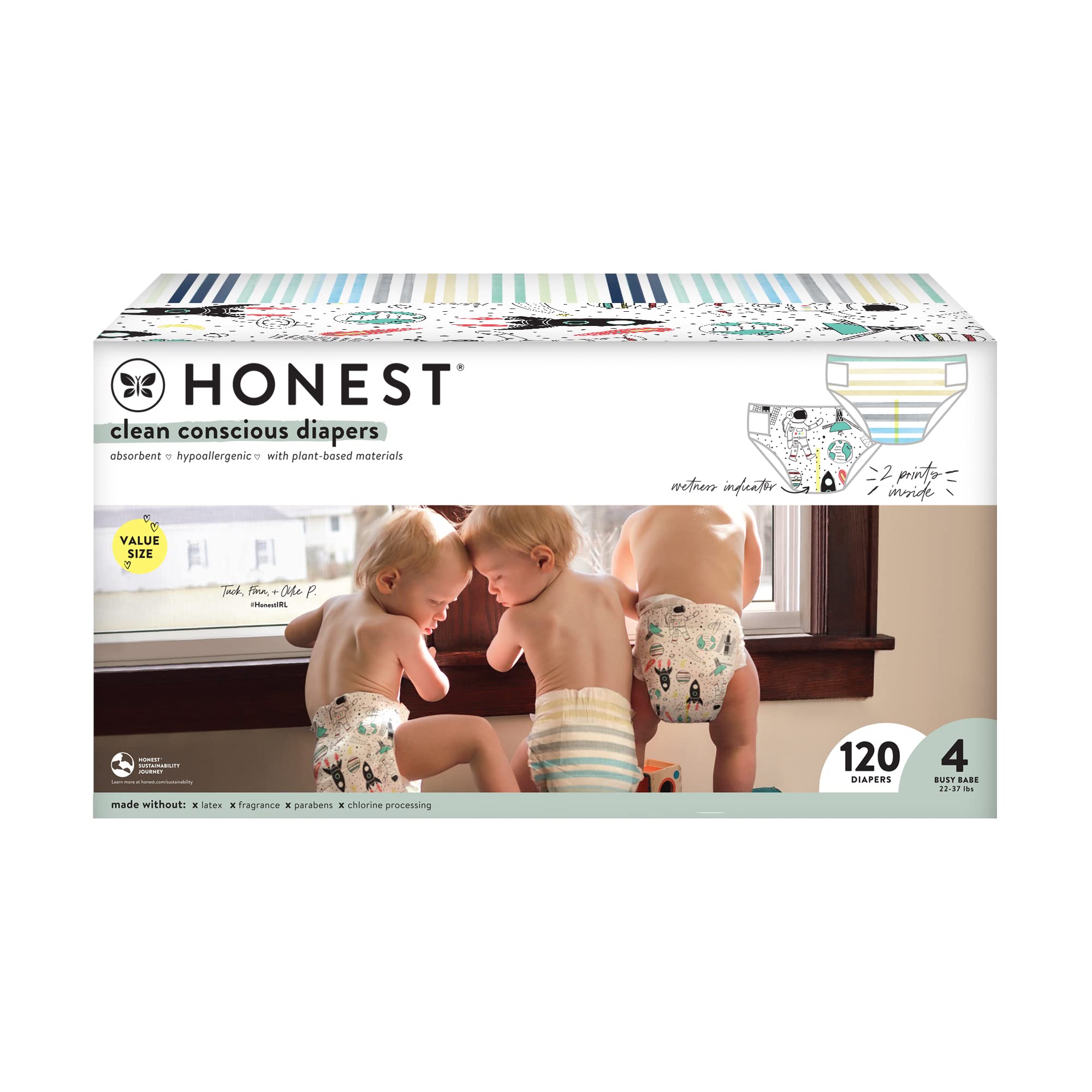 The Honest Company Clean Conscious Diapers - Hypoallergenic, Eco-Friendly Size 4 (120 Count) for Babies | Space Travel & Classic Stripes Design | Perfect for Overnight Protection and Sensitive Skin