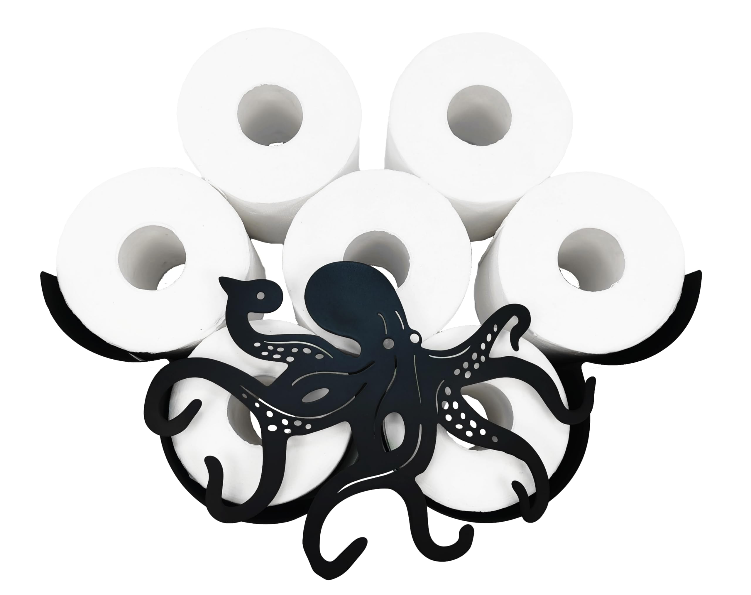 Black Octopus Metal Wall Toilet Paper Holder - Animal Decorative Bathroom Tissue Storage Organizer with 8-Roll Capacity - Perfect for Coastal, Nautical, or Kids' Bathroom Decor