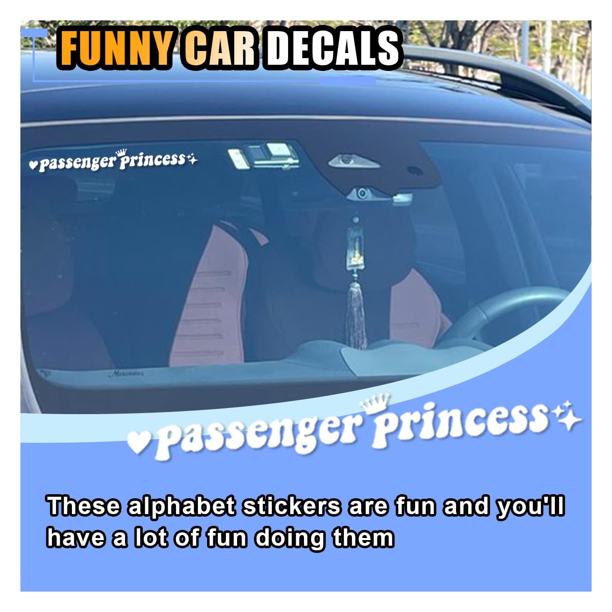 Passenger Princess Car Stickers - Cute Queen Initial Letter Decals for Women & Girls | Universal Window & Rearview Mirror Decor (6 Inch, White) | Fun Car Accessories for Road Trips & Daily Commutes