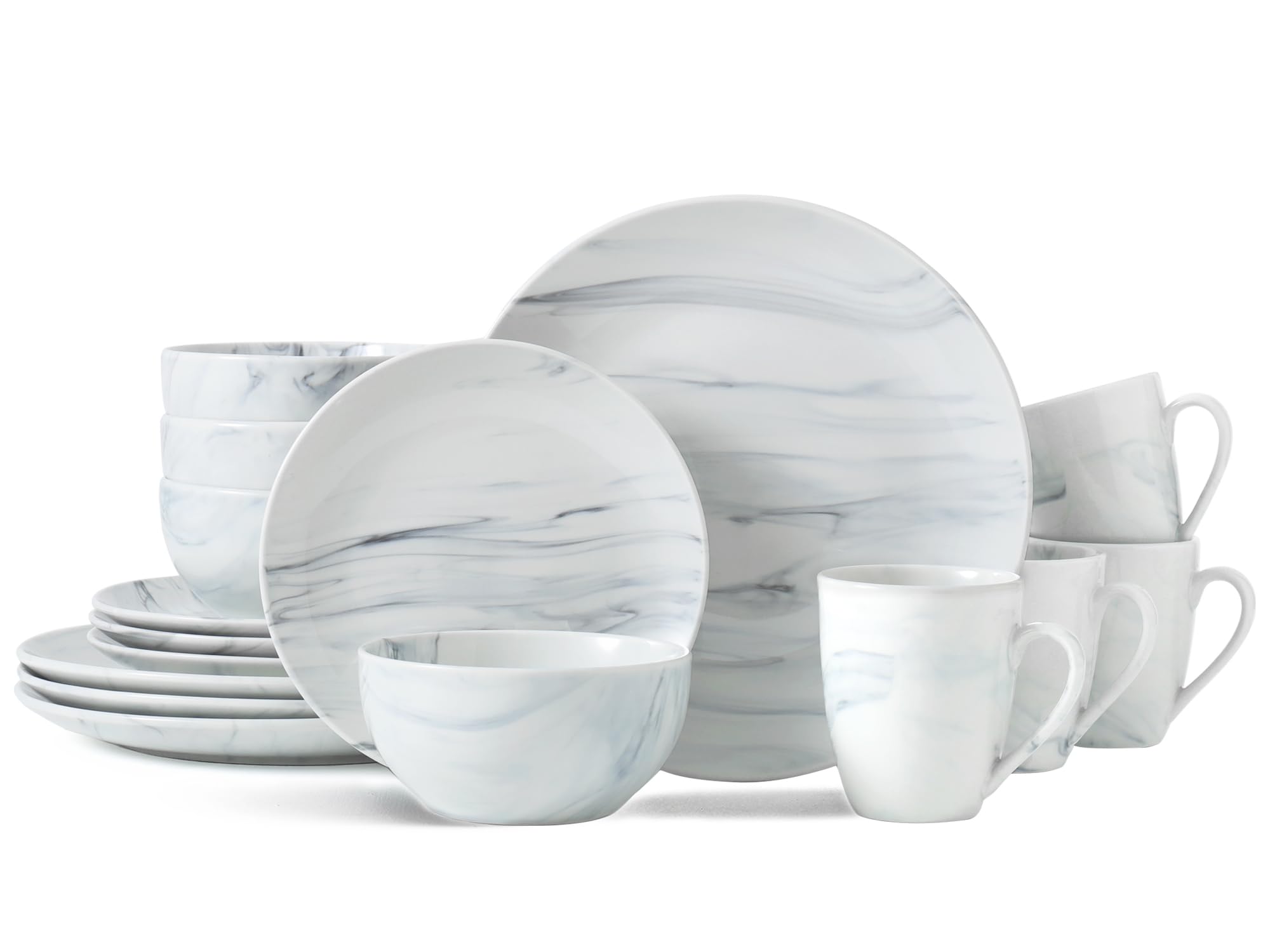 Bestone Porcelain Dinnerware Set for 4 - Grey & White Marble Plates & Bowls for Home Dining