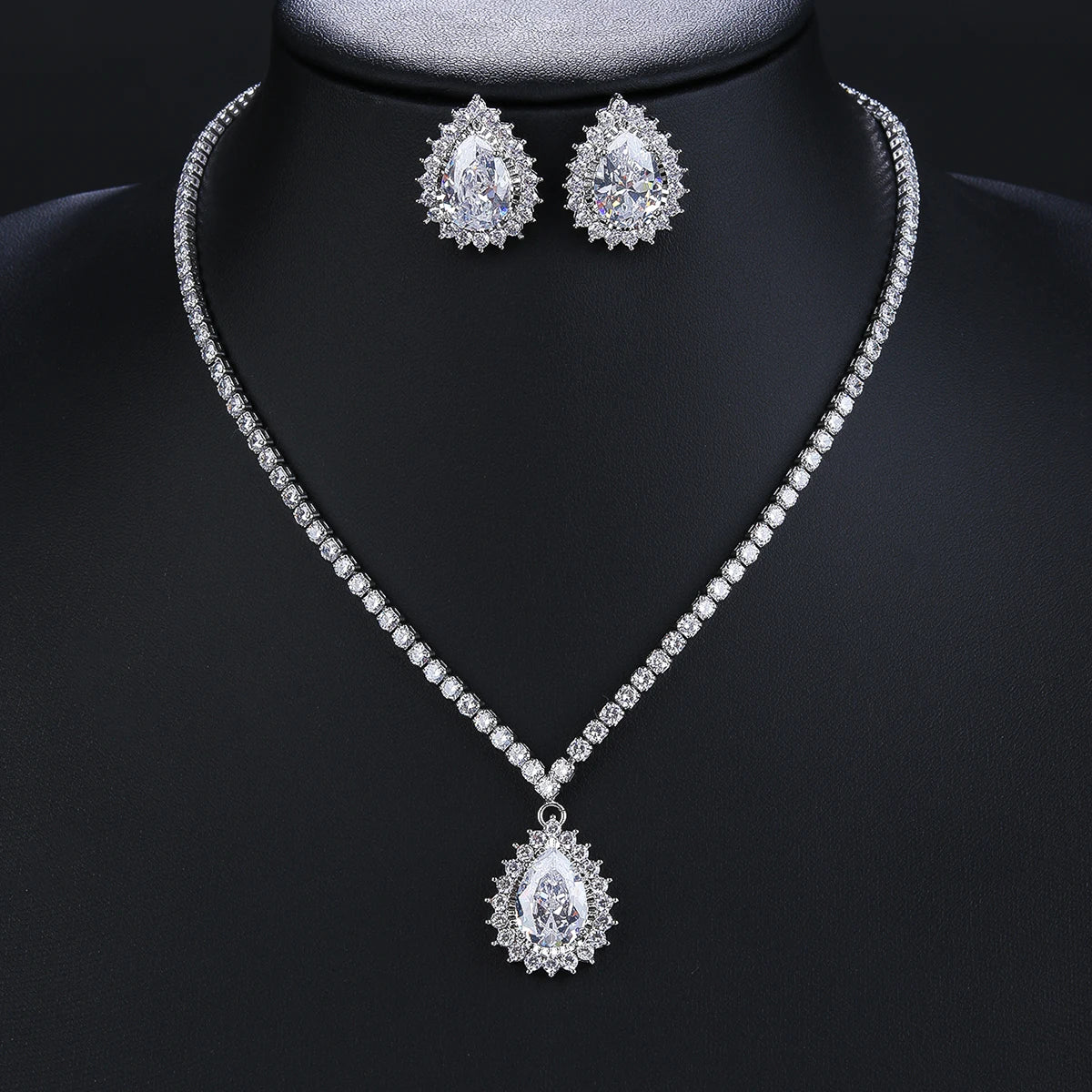 Elegant Big Light Green Pink White Water Drop CZ Crystal Necklace Earrings Set for Women - Engagement Party Wedding Costume Jewelry - Perfect for Bridal Shower, Prom, Evening Gala & Special Occasions