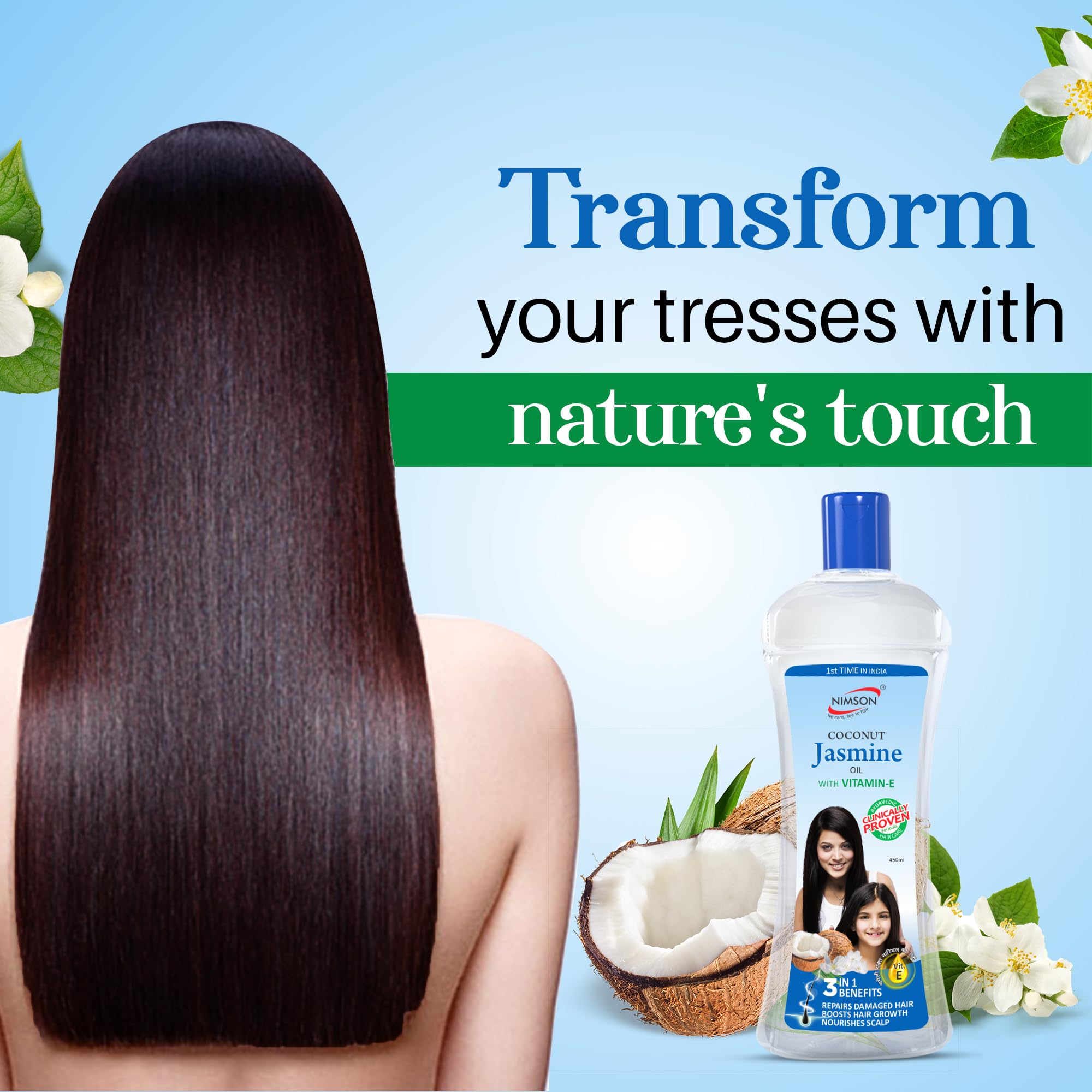 Nimson Coconut Jasmine Hair Oil with Vitamin E for Shiny, Long Hair Growth - 450ml | Natural Hair Treatment for Dry, Damaged Hair | Perfect for Daily Use & Scalp Massage