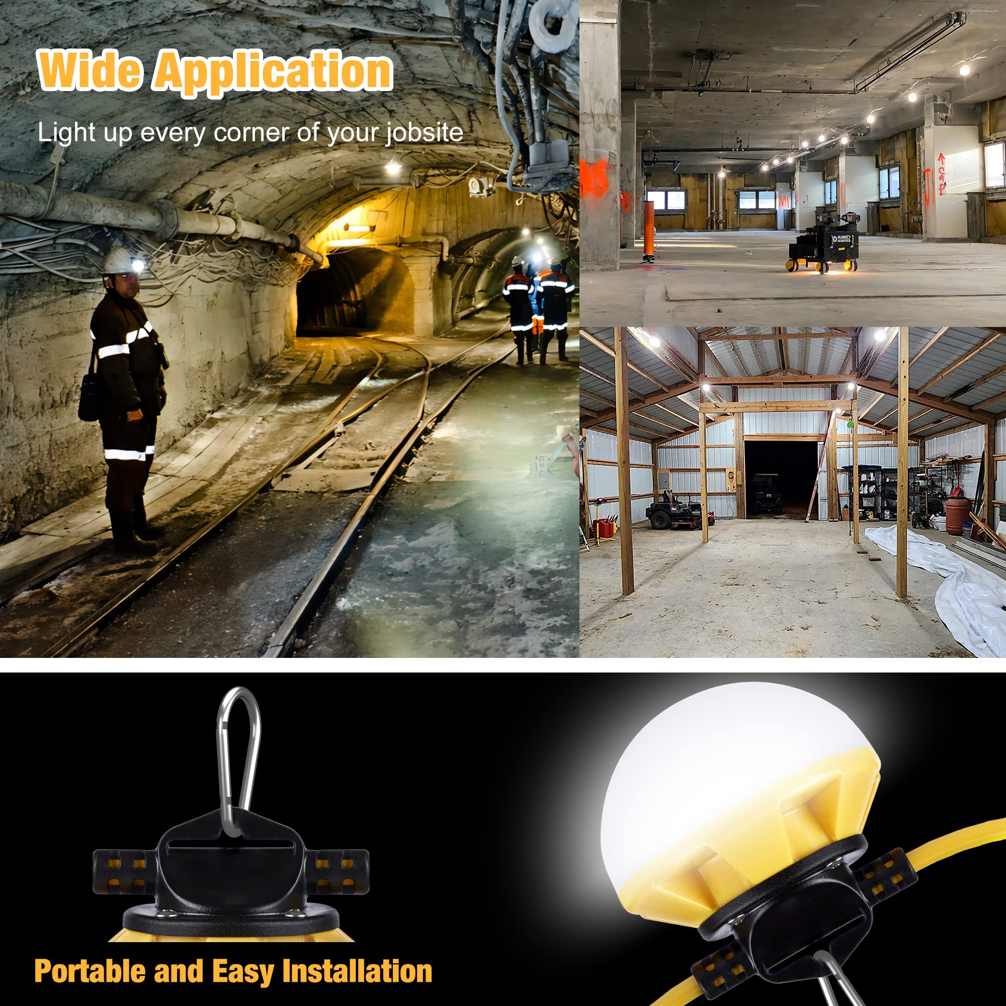 100FT LED Construction String Lights - IP65 Waterproof, ETL Certified 5000K Daylight Work Lights with 18AWG Wire - Linkable Temporary Lighting for Jobsite (10 Bulbs & Hooks Included) - Perfect for Construction Sites, Outdoor Events, Backyard Parties and Emergency Lighting