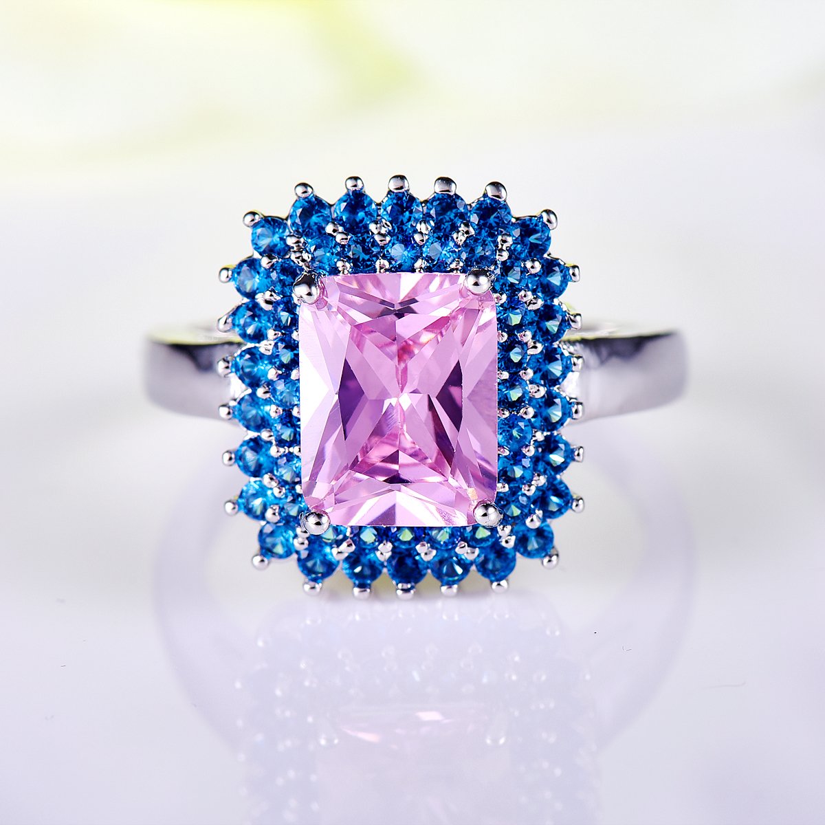 925 Sterling Silver Plated Rainbow Topaz Double Halo Ring for Women - Elegant Simulated Gemstone Jewelry for Engagement, Anniversary & Special Occasions