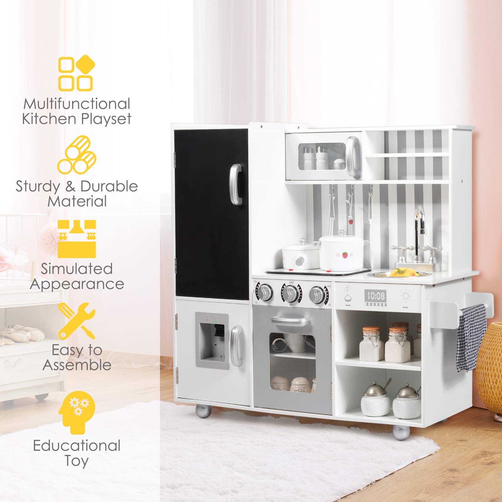 Mayjooy Wooden Kids Kitchen Playset with 7 Accessory Utensils, Blackboard, Sink, Stovetop, Cabinets & Fridge - Pretend Play Kitchen Toy with Simulated Sound & Lights for Toddlers Boys & Girls - Perfect for Imaginative Play, Role-Playing & Early Learning Development