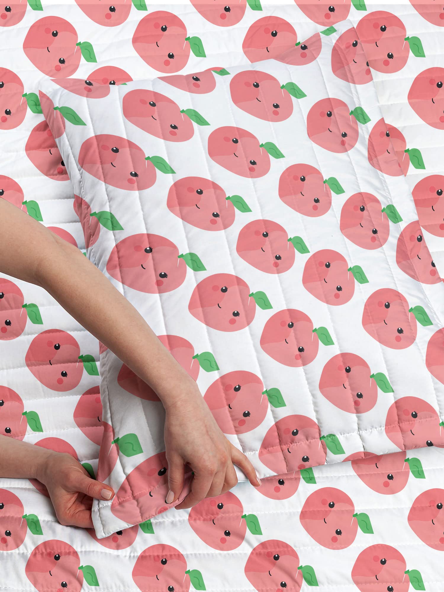 Ambesonne Peach Microfiber Bedspread Set - Kawaii Style Fruit Pattern with Smiling Faces, Soft Queen Size Comforter & Pillow Shams in Pastel Pink White Green - Perfect for Kids' Rooms, Dorm Decor & Anime Themed Bedrooms
