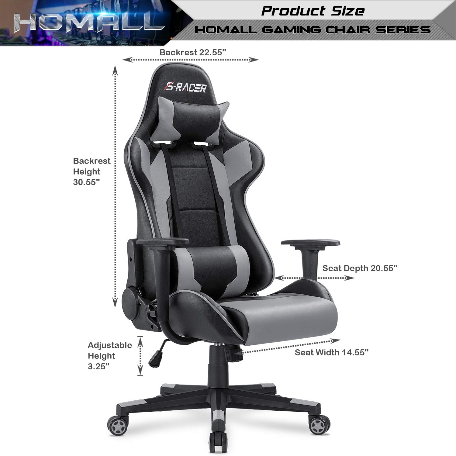 Homall Ergonomic Gaming Chair - High Back Office Chair with Adjustable Headrest & Lumbar Support, Leather Computer Desk Chair for Racing Style Executive Workstation (Grey) - Perfect for Home Office, Gaming Setup & Professional Workspaces