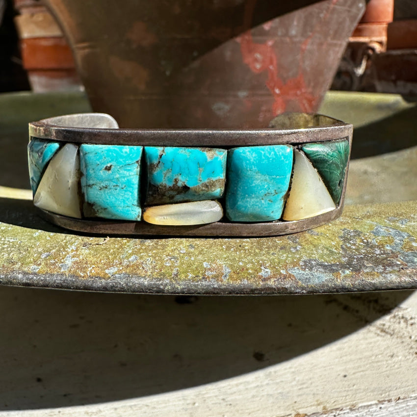 Vintage Navajo Chunky Sterling Silver Channel Inlay Turquoise Bracelet - Handmade Native American Jewelry for Women - Perfect for Boho Fashion, Gift Giving & Special Occasions