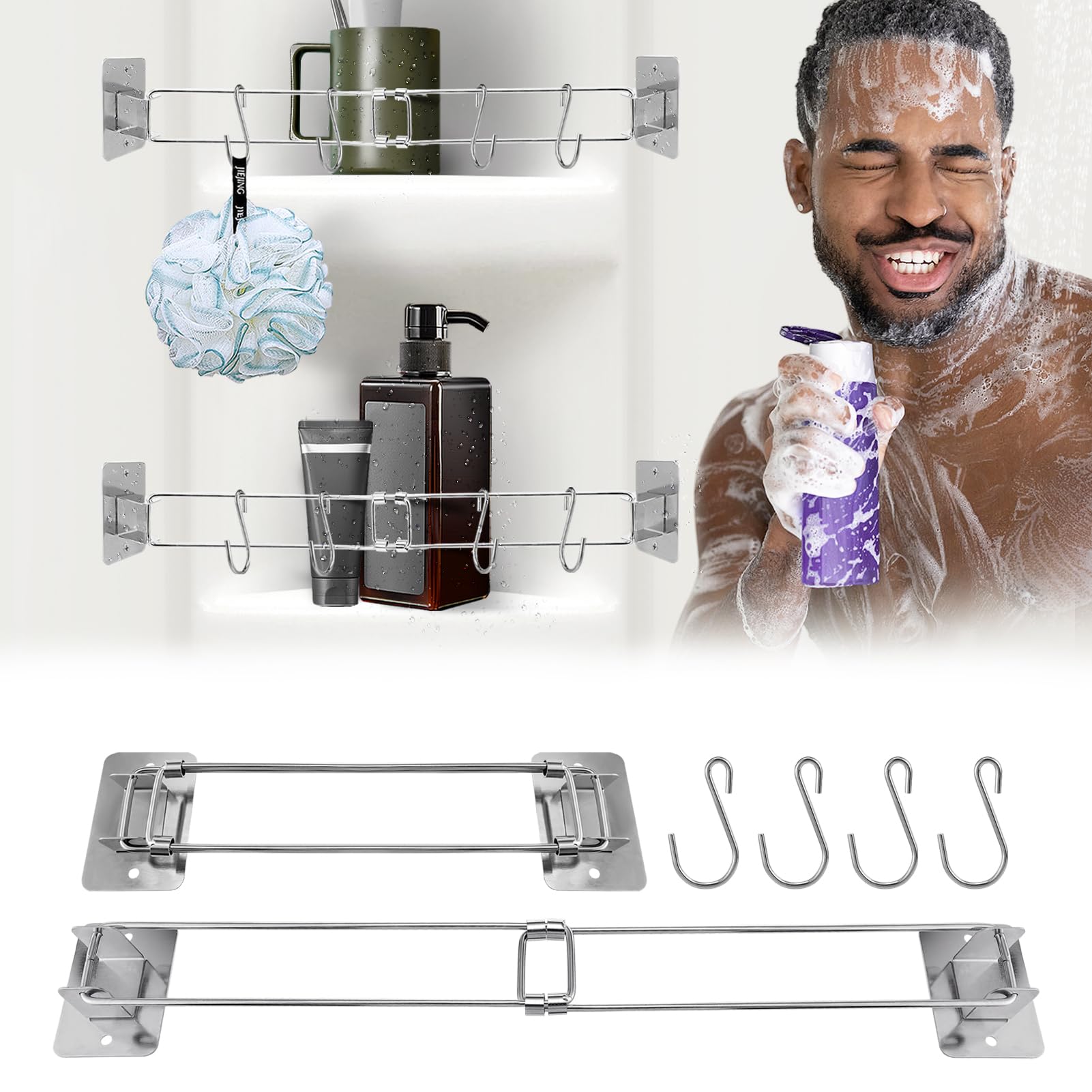 9-15 Inch Adjustable RV Shower Corner Storage Bar with 8 Hooks - Stainless Steel Rustproof Bathroom Organizer for Camper, Travel Trailer - Perfect for Storing Toiletries, Towels & Shower Accessories (2-Pack)