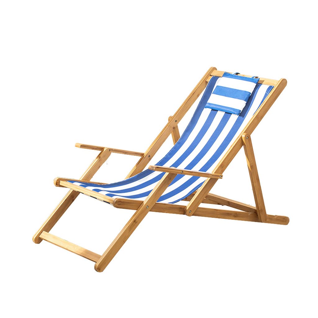 Adjustable Folding Wooden Deck Chair with Pillow & Armrest - 3-Way Reclining Beach Lounge Chair for Garden, Patio, Poolside - Blue & White Stripes | Perfect for Relaxing Outdoors, Sunbathing, and Backyard Lounging