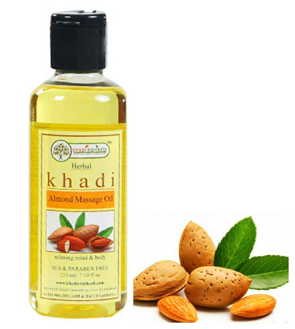 KHADI RISHIKESH Herbal Almond Massage Oil - 210ml for Full Body Massage, Skin Lightening & Brightening with Olive & Jojoba Oil | Acne Treatment, Deep Moisturizer | Stress Relief & Pain Relief for Women & Men | Perfect for Spa, Aromatherapy & Relaxation at Home
