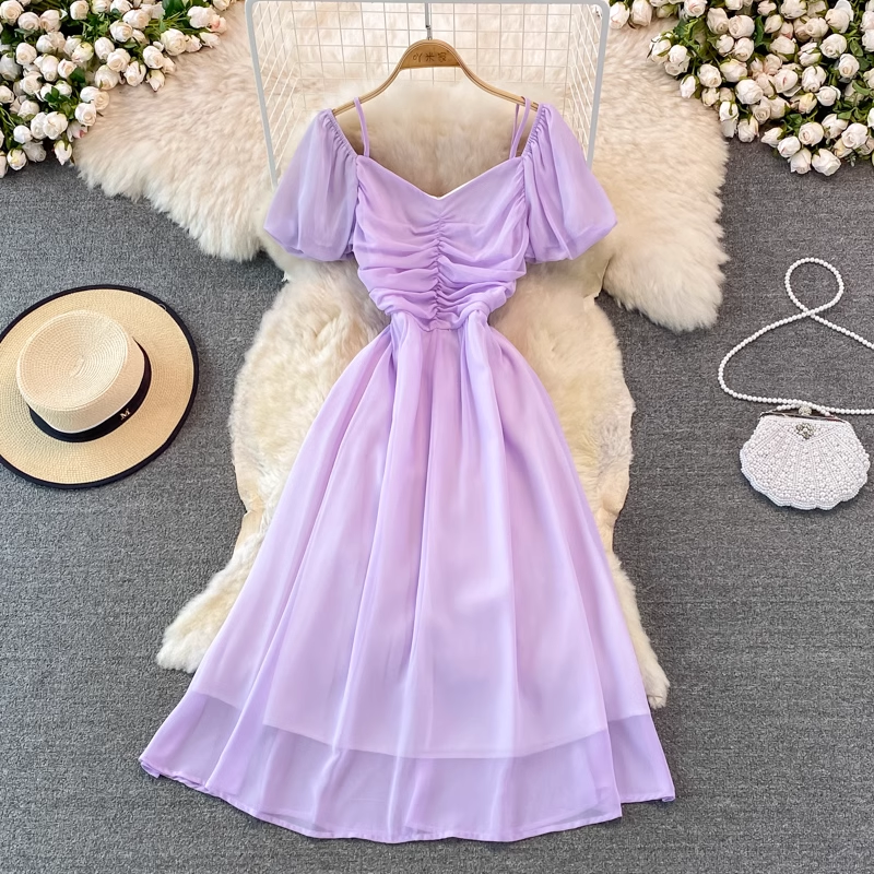 Bubble Short Sleeve Square Neck Dress - Pleated A-Line Chiffon Long Skirt for Women | Summer Casual Flowy Dress for Beach, Party & Everyday Wear | Style 926
