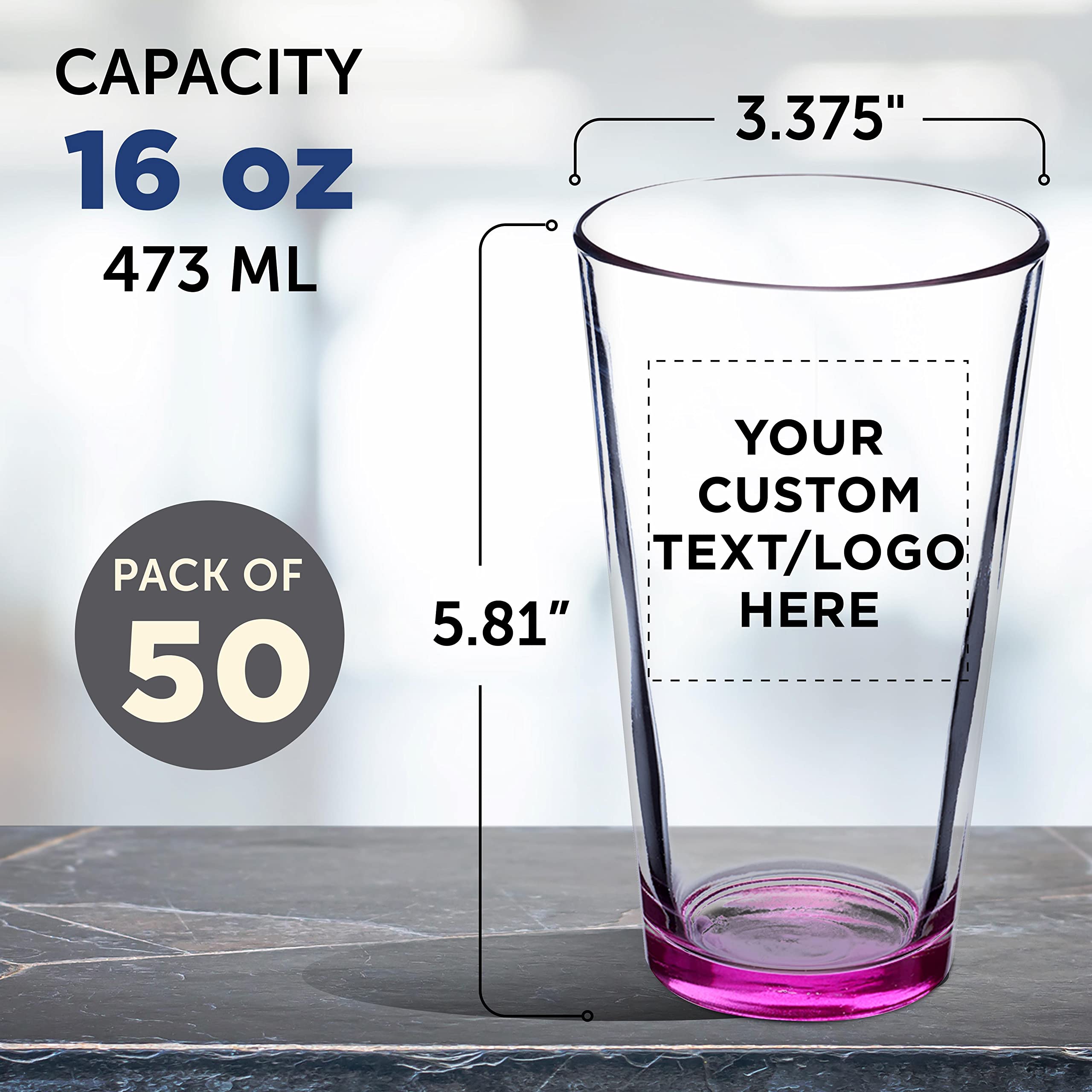 Custom 16 oz Beer Pint Glasses Set of 50 - Personalized Bulk Bar Glasses with Thick Base & Walls - Heavy Duty Stackable Glassware for Restaurants, Pubs & Home Bars - Perfect for Commercial Use, Parties & Gifts (Pink)