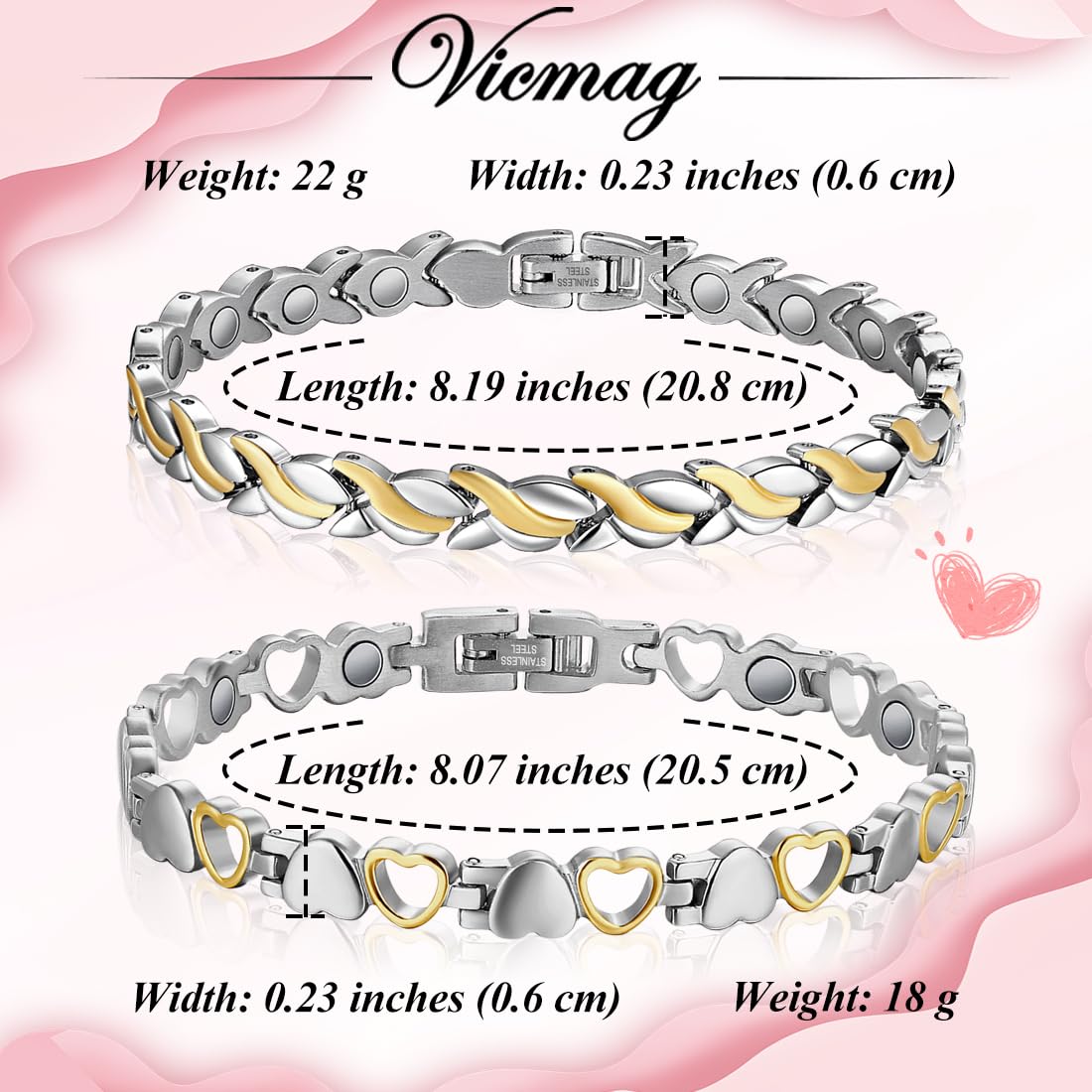 Vicmag Magnetic Bracelets for Women - Titanium Steel Adjustable Bracelet with Strong Magnets, Gift Box & Adjustment Tool - Perfect for Pain Relief, Wellness & Fashion Accessory