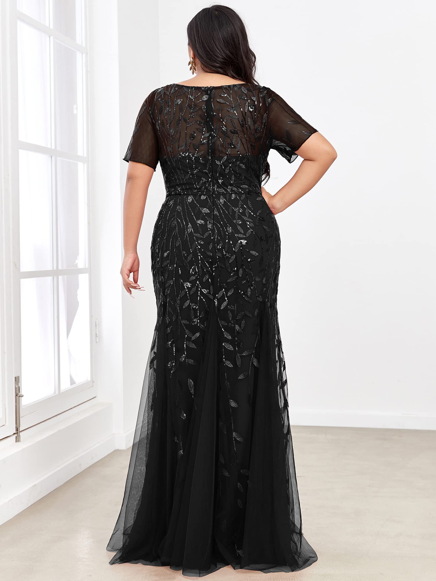 Ever-Pretty Women's Plus Size Embroidery Sequin Short Sleeve Bodycon Maxi Dress 07707-PZUSA | Elegant Formal Gown for Weddings, Prom, Evening Parties & Special Occasions