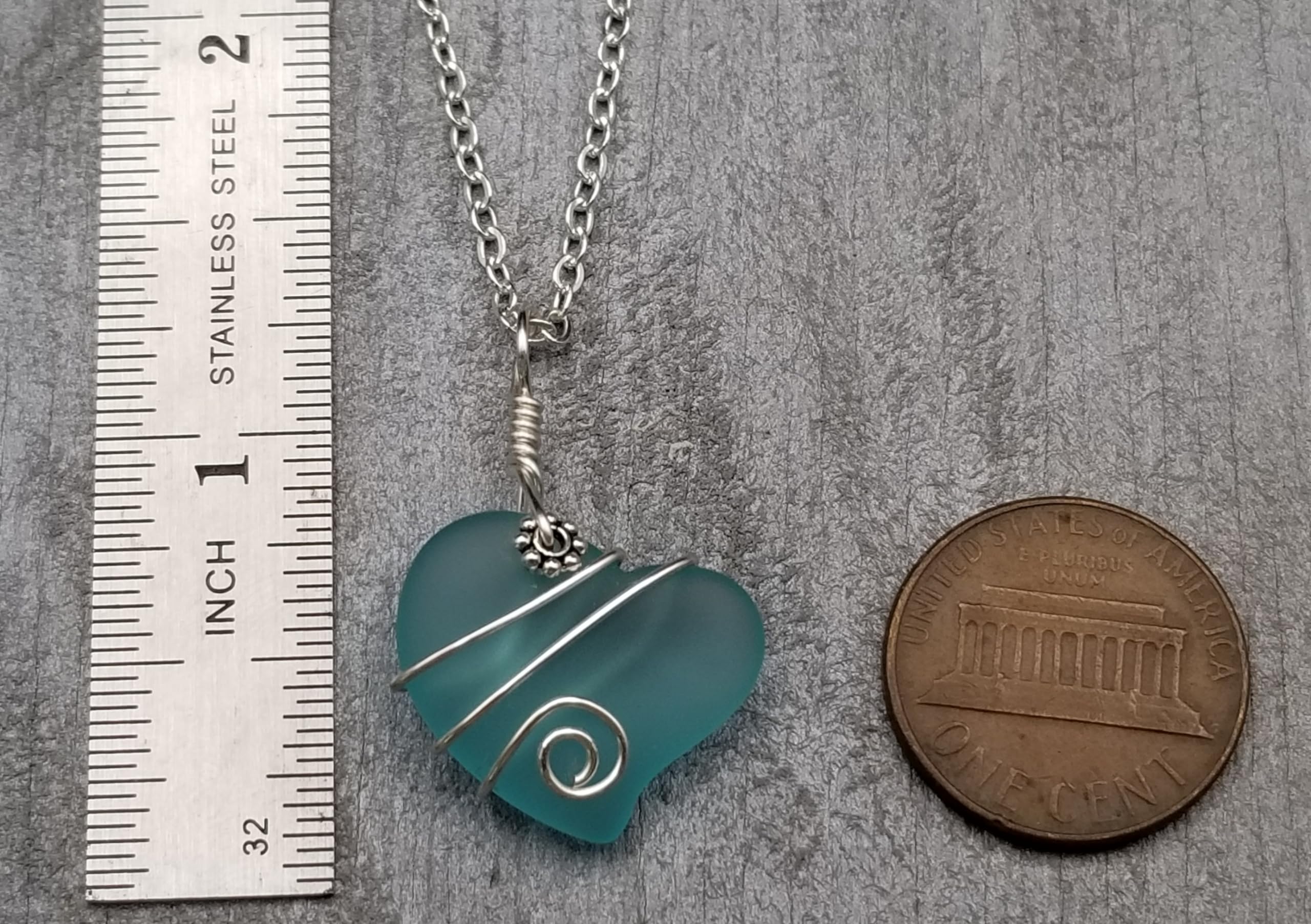 Handmade Sea Glass Necklace with Wire Heart Pendant - Aquamarine March Birthstone Jewelry for Women | Perfect Birthday Gift, Anniversary Present & Beach Wedding Accessory