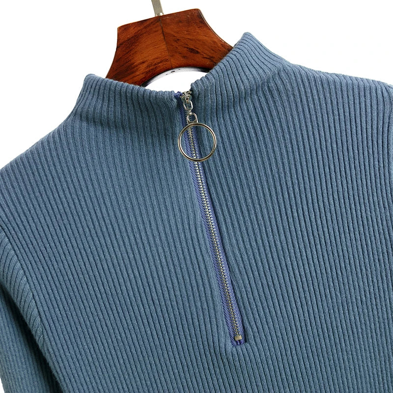 Vintage Solid Knitted Long Sleeve Zip-Up Half Turtleneck Sweater for Women - Cozy Winter Pullover for Casual Outfits & Office Wear