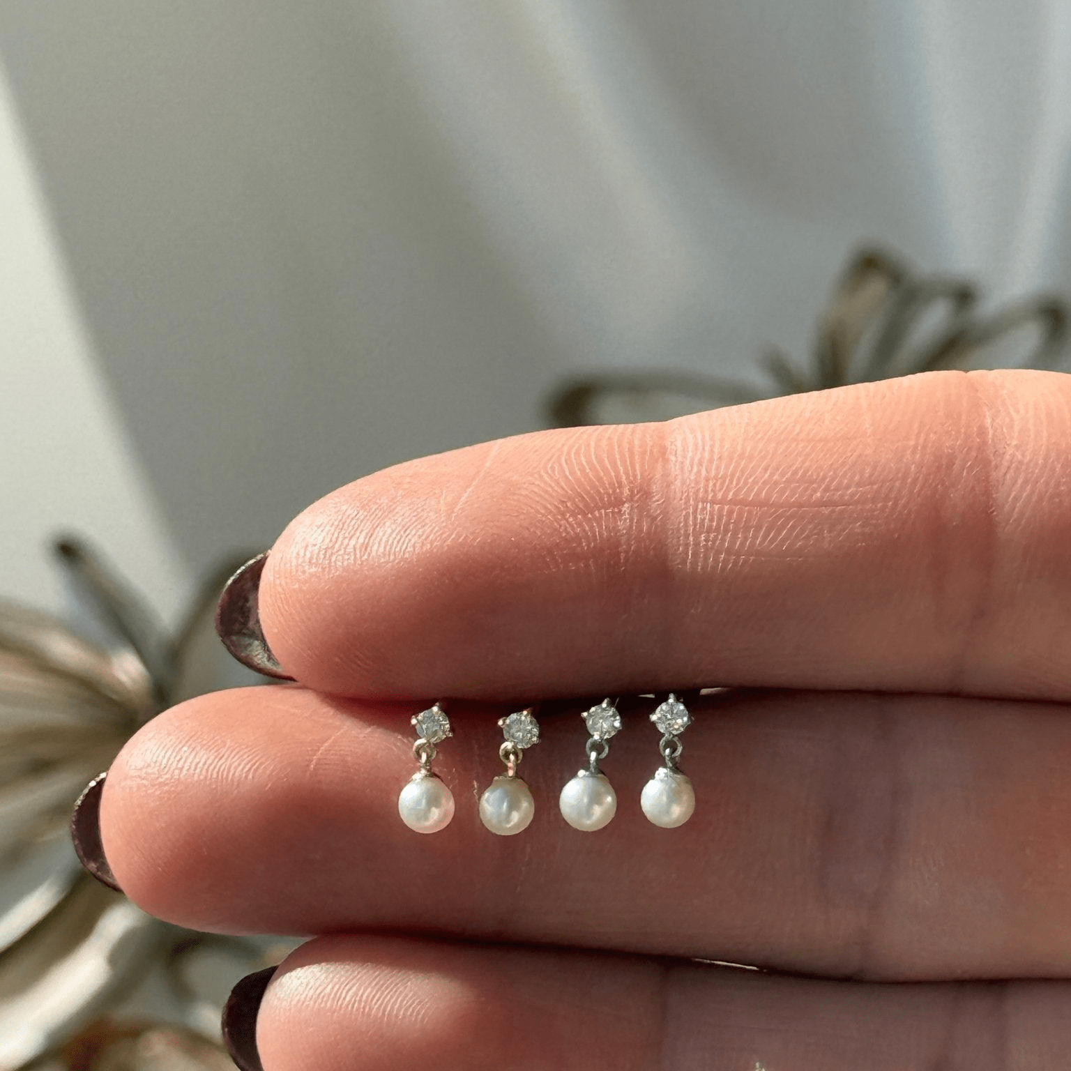 14k White Gold Diamond & Pearl Drop Stud Earrings - Elegant Flat Back Design for Women, Perfect for Weddings, Parties & Everyday Wear