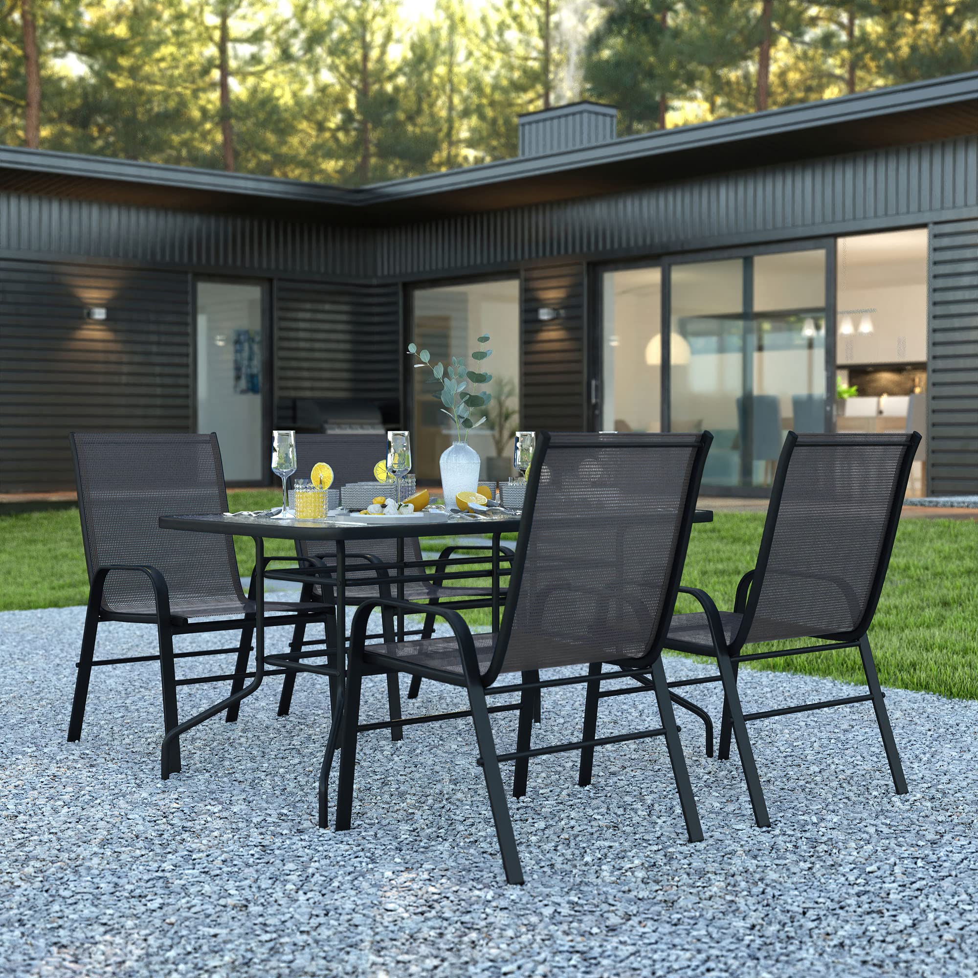 Flash Furniture Brazos 5-Piece Outdoor Patio Dining Set with 4 Black Flex Comfort Stack Chairs & 55