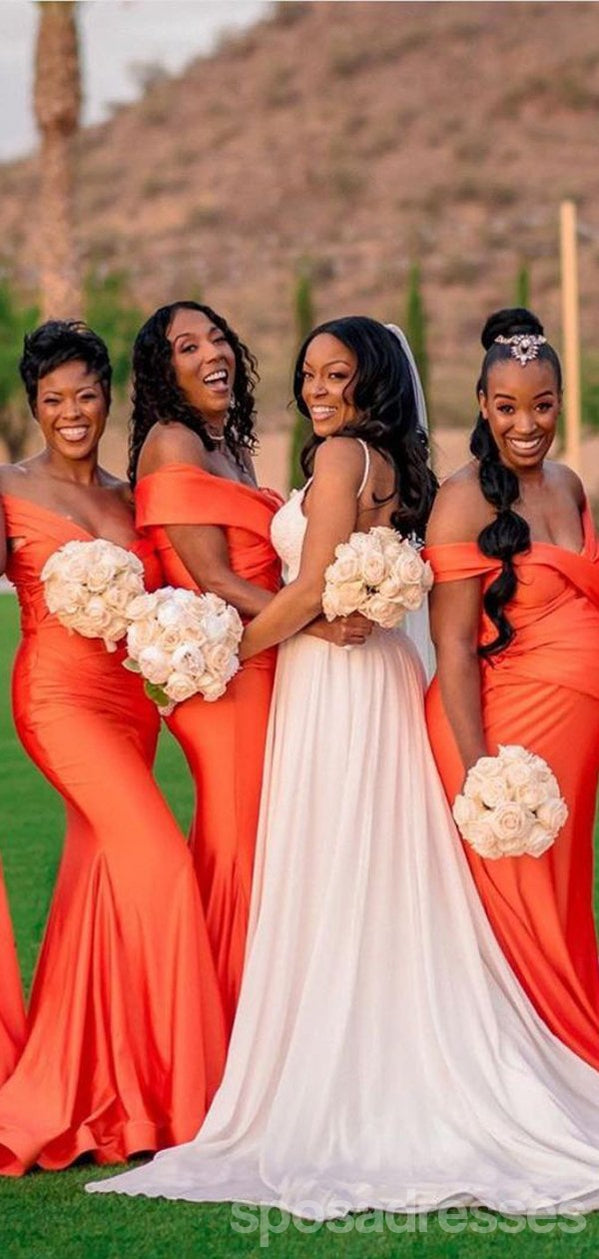 Elegant Orange Mermaid Off-Shoulder V-Neck Long Bridesmaid Dress Gown - WG1129 | Perfect for Beach Weddings, Formal Events & Evening Parties