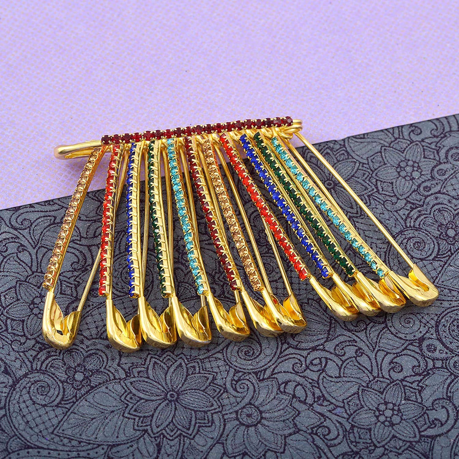 VAMA Multicolor Rhinestone Safety Saree Pins - Faux Crystal Brooches for Sweater, Shawl, Dress, Pants & Skirt - Shiny Clothing Accessories for Women's Fashion & Special Occasions
